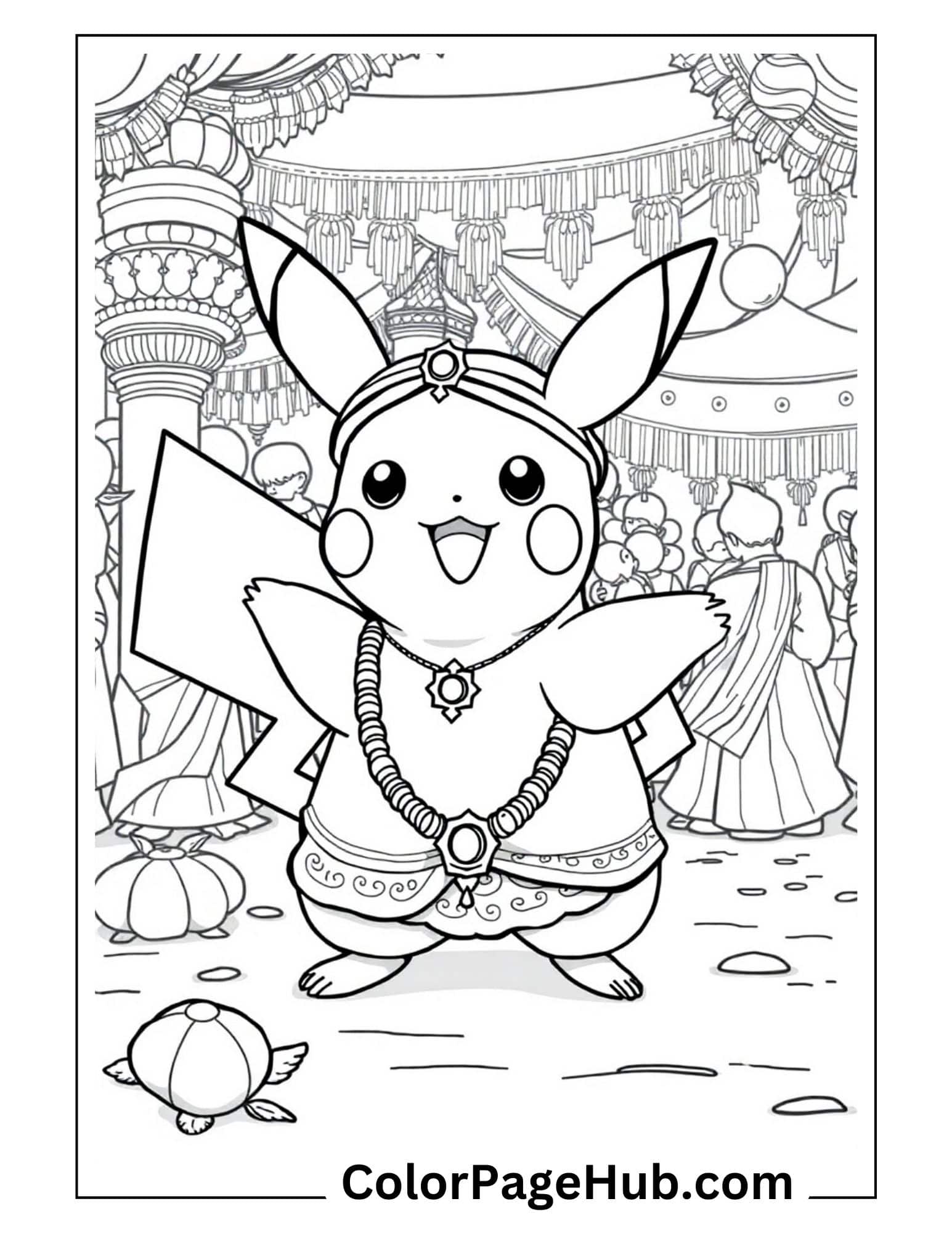 Festive Pikachu coloring pages featuring Pokemon dressed in traditional Indian attire with jewelry and headpiece amid decorated cultural setting.