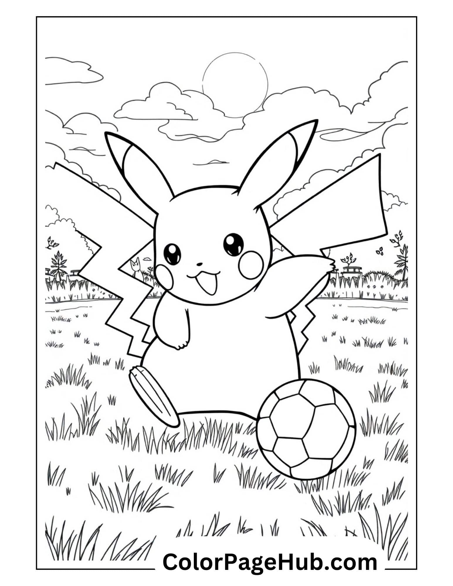 Soccer Pikachu coloring pages featuring the cheerful Pokemon playing with a football in a grassy field under a sunny sky