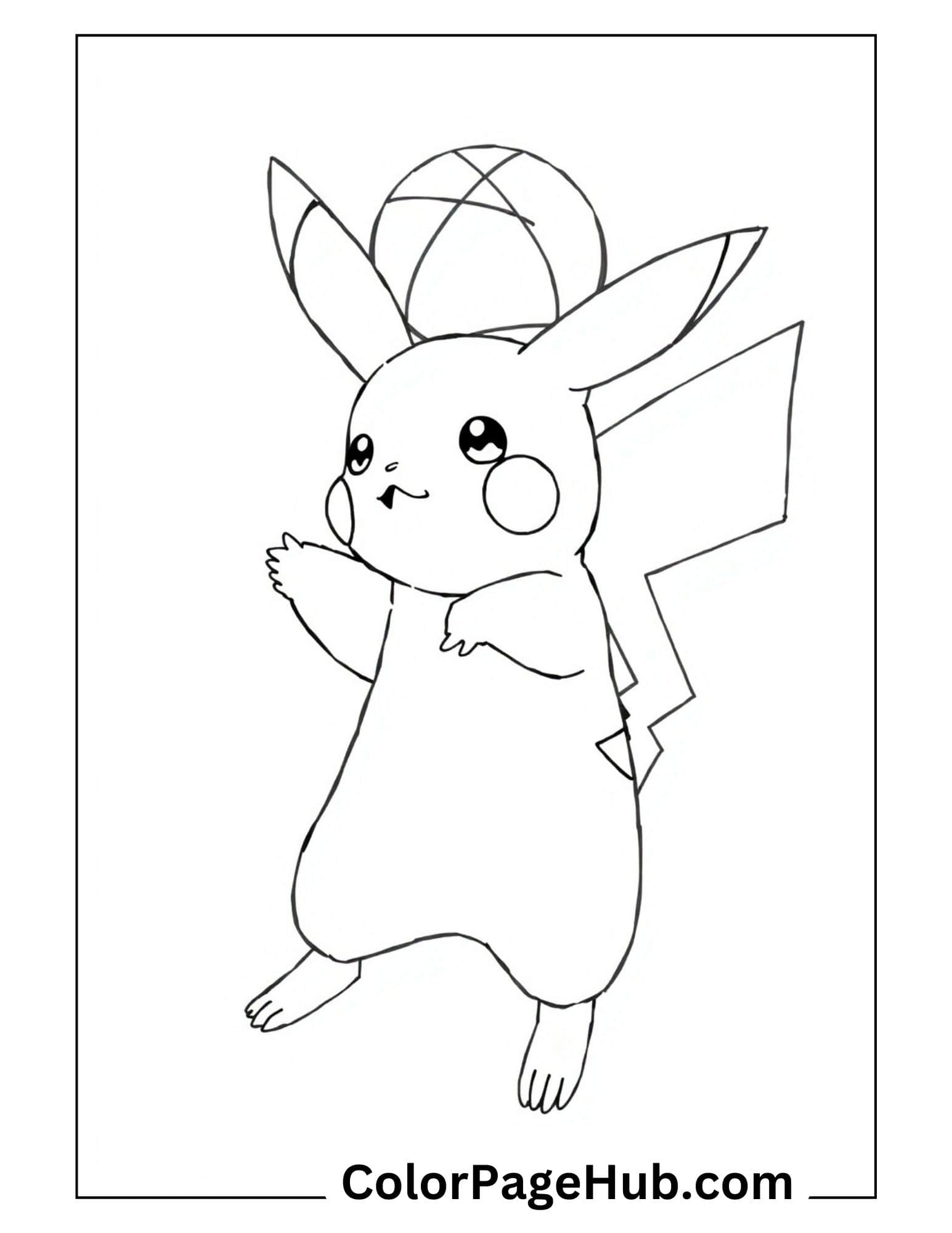 Playful Pikachu coloring pages featuring the iconic Pokémon character holding a ball with its signature zigzag tail and cheerful expression, perfect for young fans.