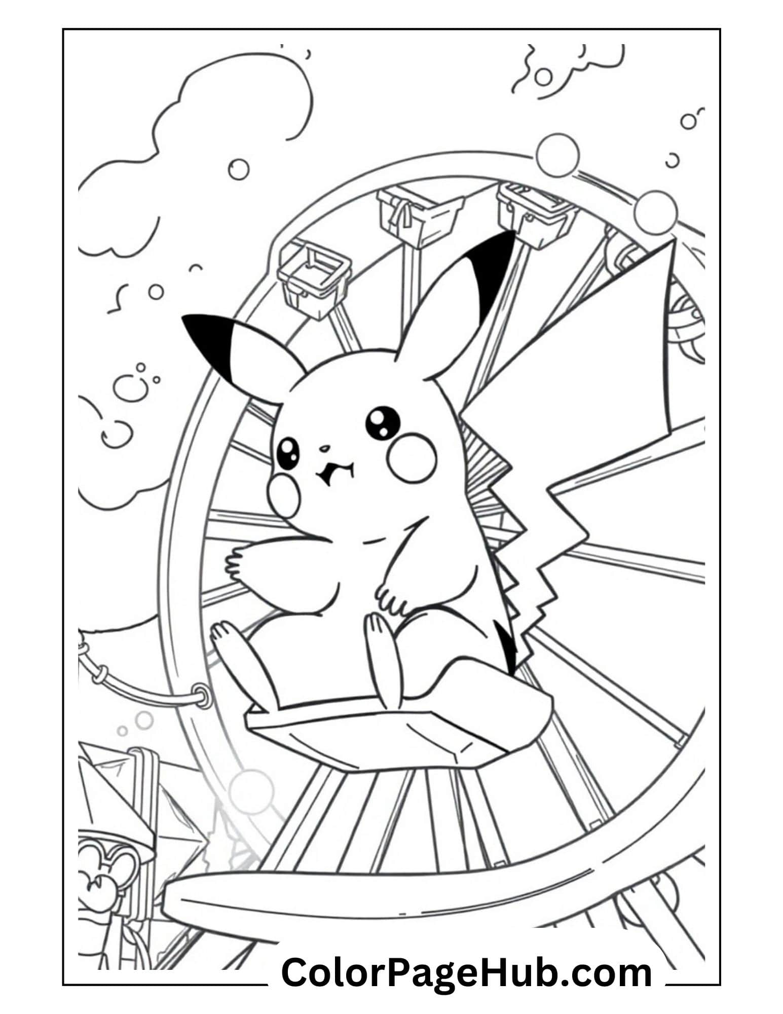 Carnival fun Pikachu coloring pages with the adorable Pokémon character riding a Ferris wheel, perfect for kids who love amusement park themes.