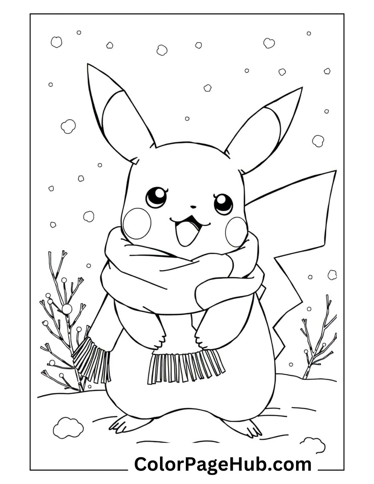 Adorable Pikachu coloring page wearing a cozy winter scarf surrounded by snowflakes and bare branches in a cheerful winter scene for kids.