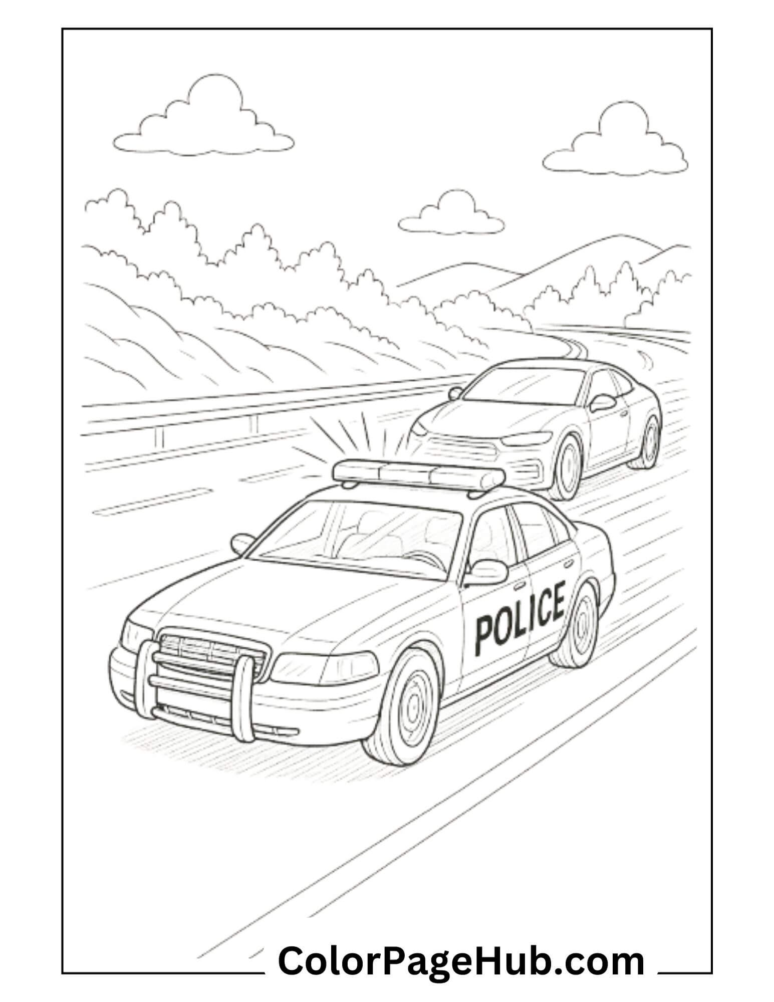 Police car chasing speeding vehicle on highway - detailed Cars Coloring Page with mountain landscape for kids and adults