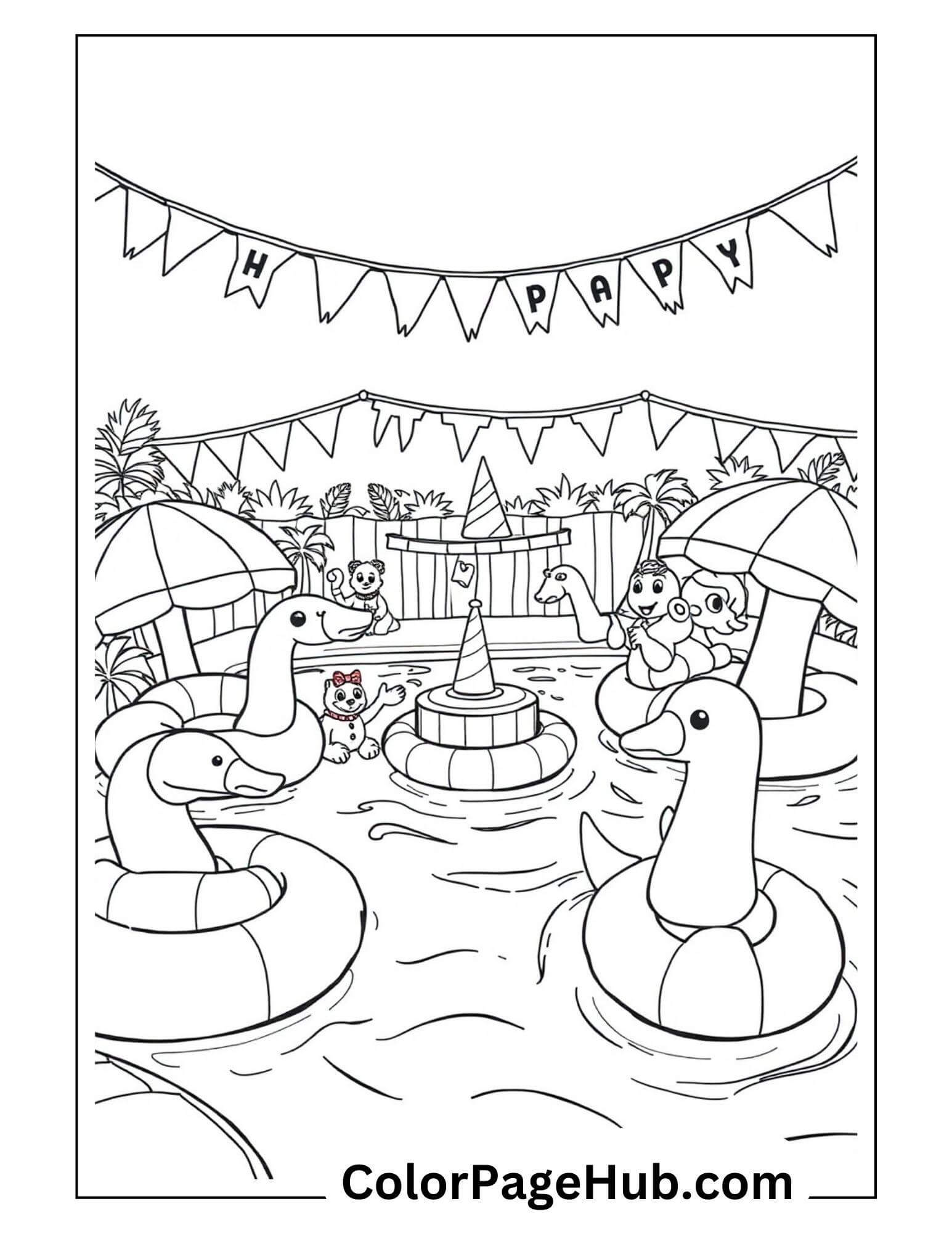 A lively pool scene with inflatable duck floats and animal bathers. A cat wearing a hat waves from a tube, as festive HAPPY BIRTHDAY banners hang above, surrounded by palm trees and huts, resembling joyful illustrations on coloring pages.