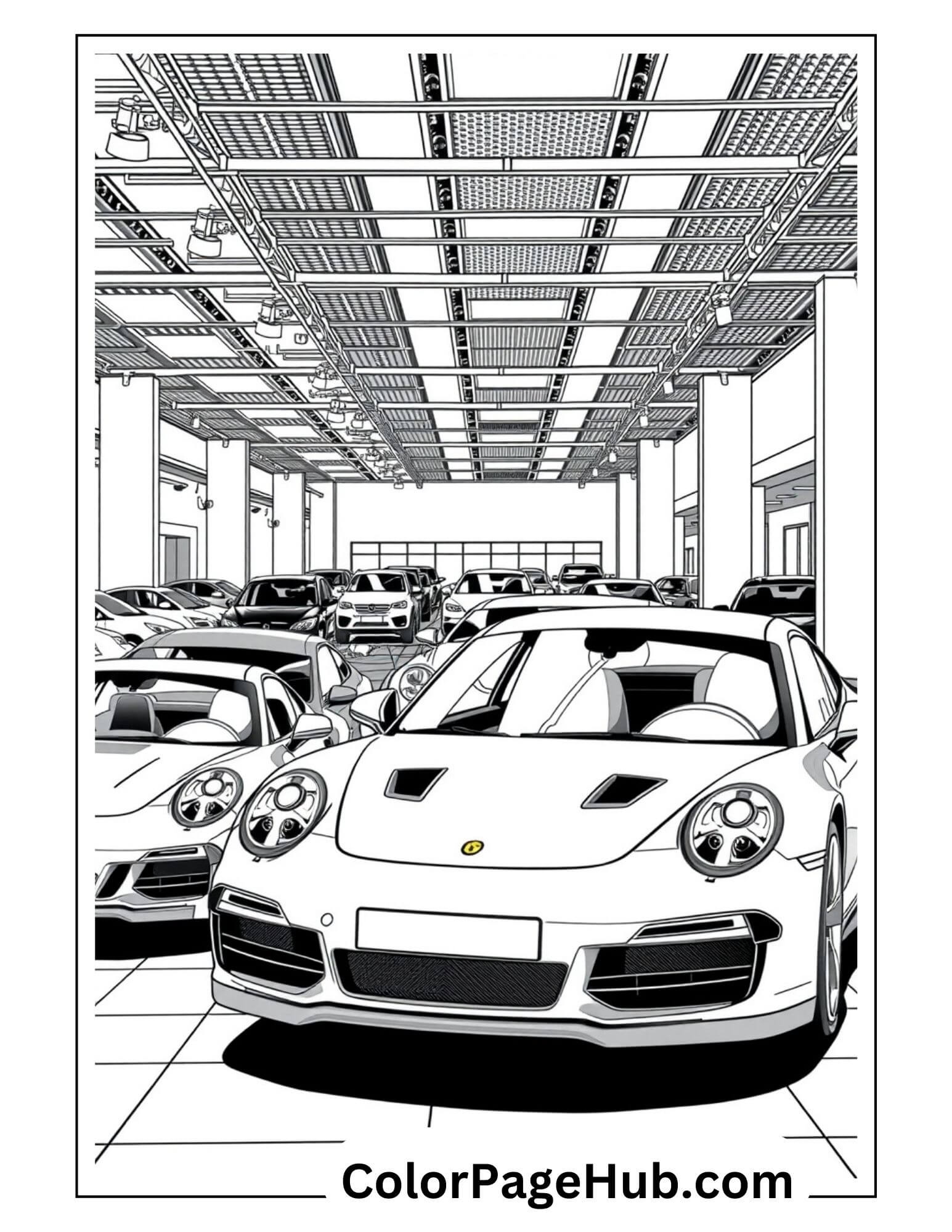 Luxury Porsche in exclusive dealership showroom with multiple sports cars - detailed Cars Coloring Page for automotive fans