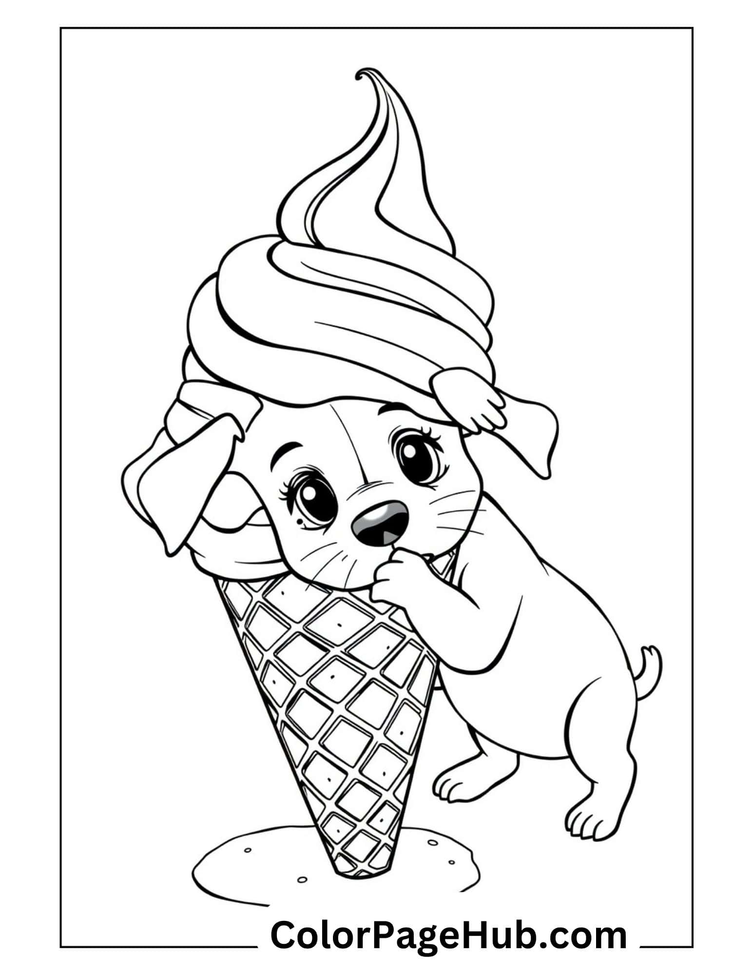 Adorable puppy hugging ice cream coloring pages featuring a cute cartoon dog with floppy ears and a swirly soft serve in waffle cone