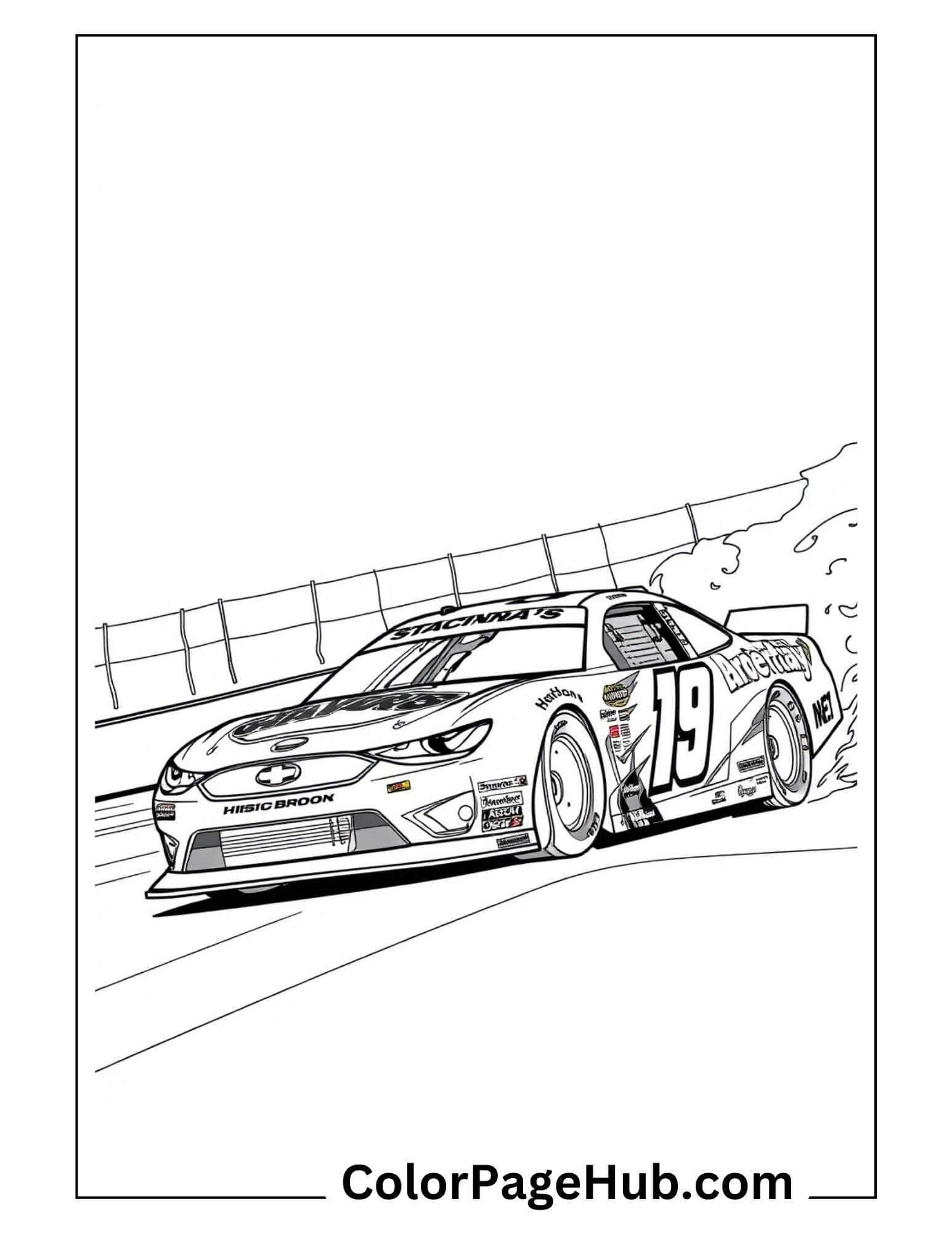 NASCAR #19 stock car racing on speedway track with sponsor logos - professional motorsport cars coloring page for racing fans