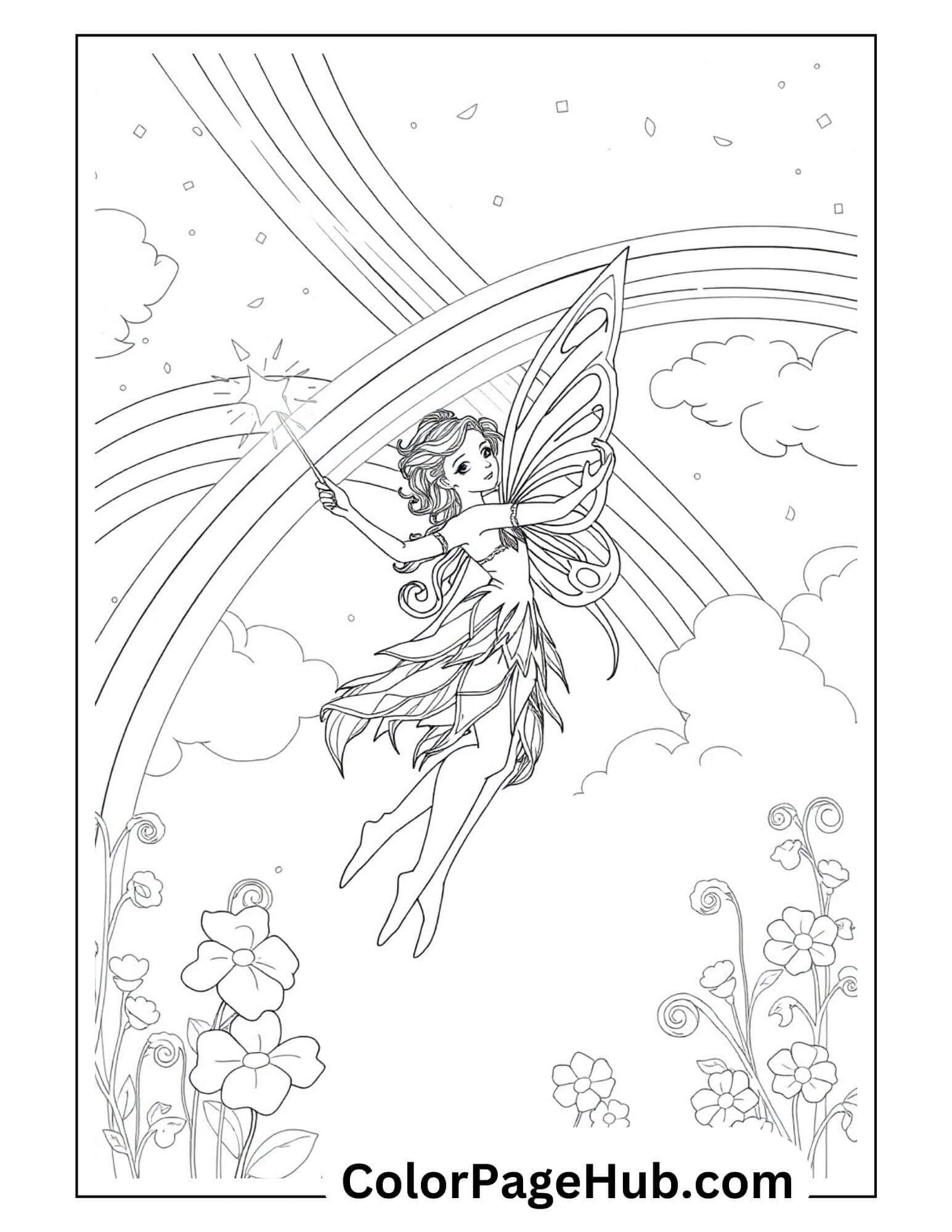 Rainbow fairy coloring page with magical fairy waving wand beneath double rainbow, surrounded by clouds and garden flowers in a whimsical sky scene