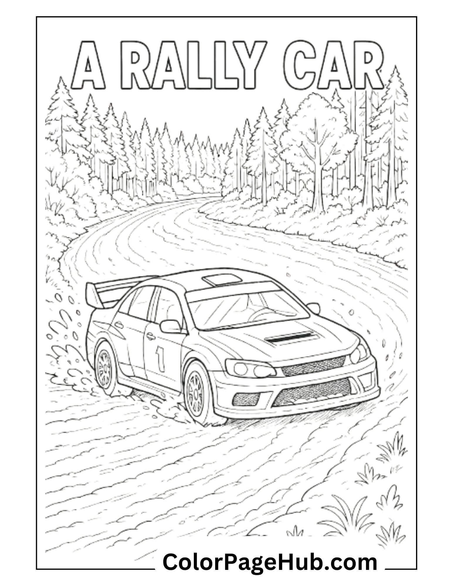 Rally car racing through a forest trail with splashing mud – Cars Coloring Page for kids and adults to print and color
