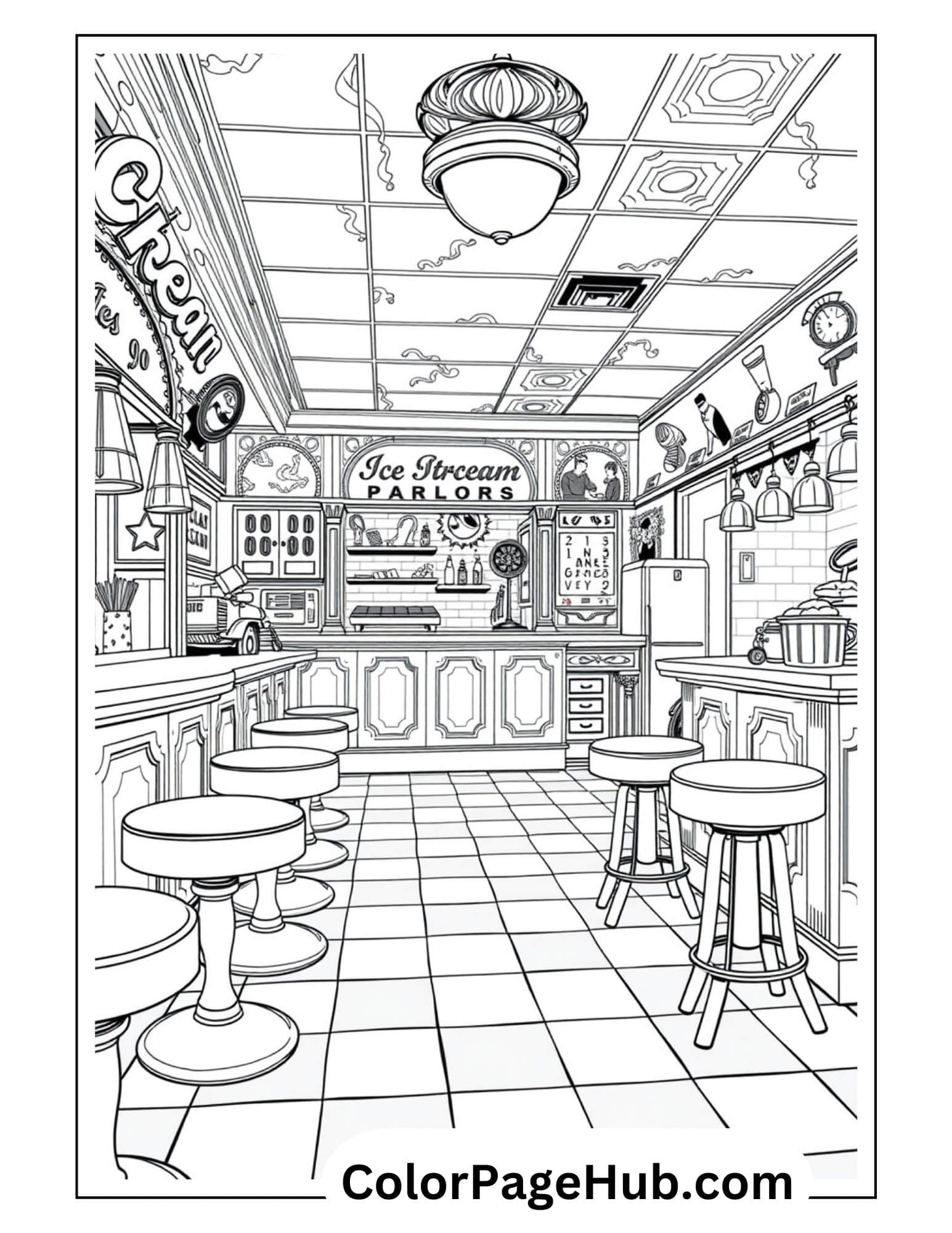 Vintage ice cream coloring page showing detailed retro parlor interior with counter, stools and classic shop decor for nostalgic fun.