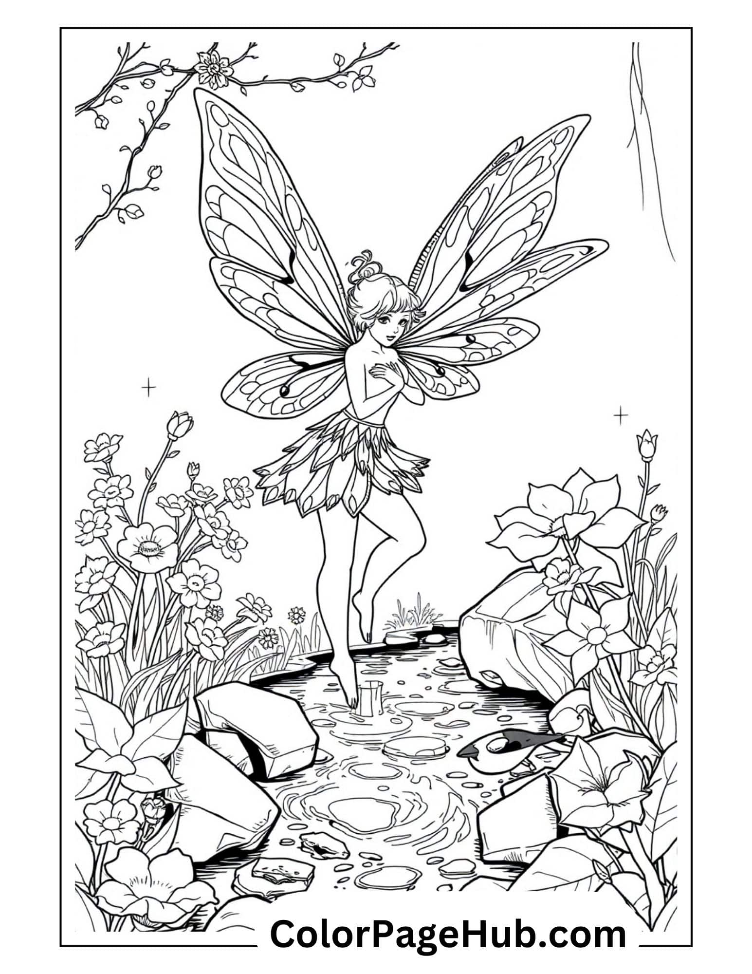 Detailed fairy coloring page showing pixie with dragonfly wings standing in a woodland stream surrounded by wildflowers, rocks, and spring blossoms
