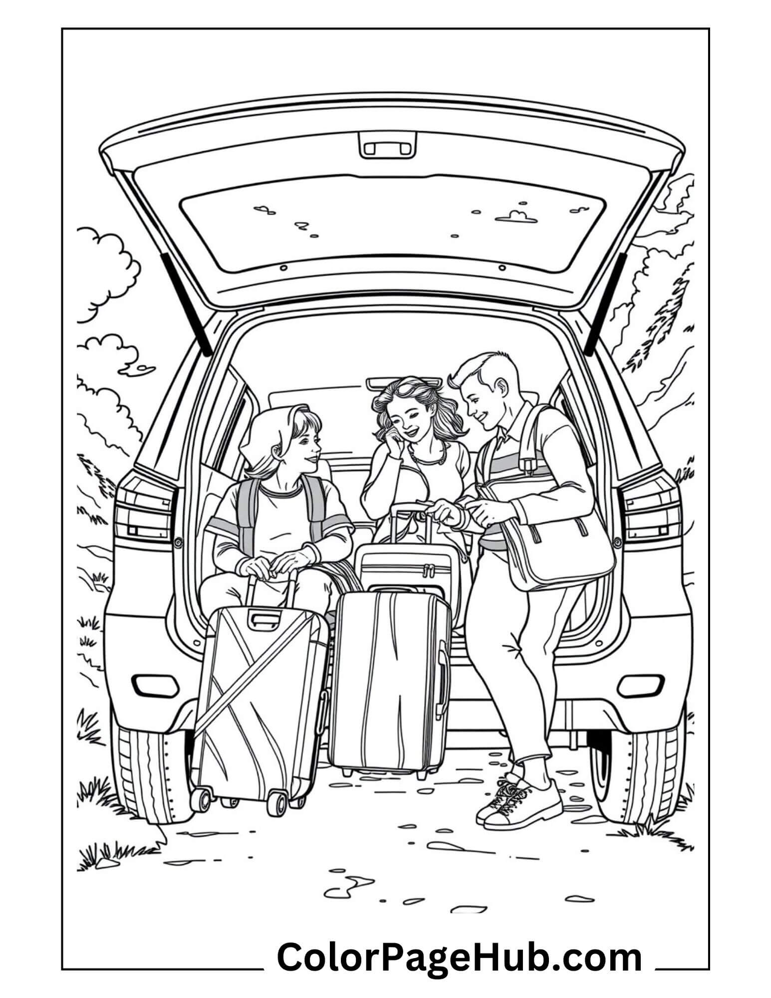 Family loading luggage into SUV hatchback for vacation road trip - travel-themed Cars Coloring Page for children