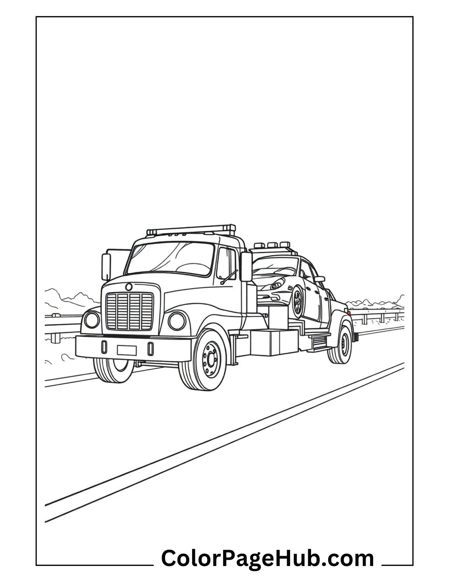 Tow truck transporting sedan on highway - detailed automotive service vehicles and cars coloring page for children learning about vehicles