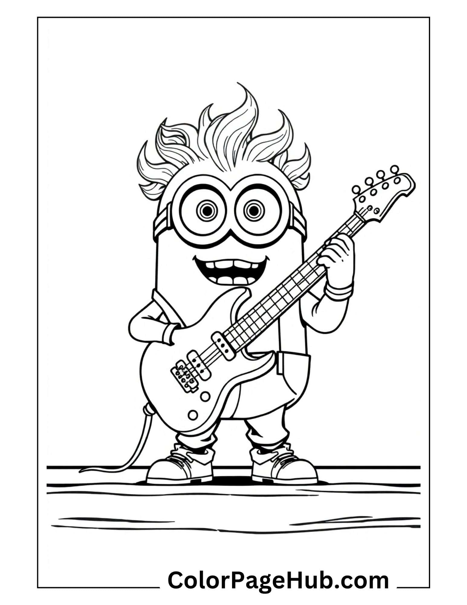 Rocker Minion coloring pages featuring a wild-haired Minion playing electric guitar on stage - musical printable activity for Despicable Me fans