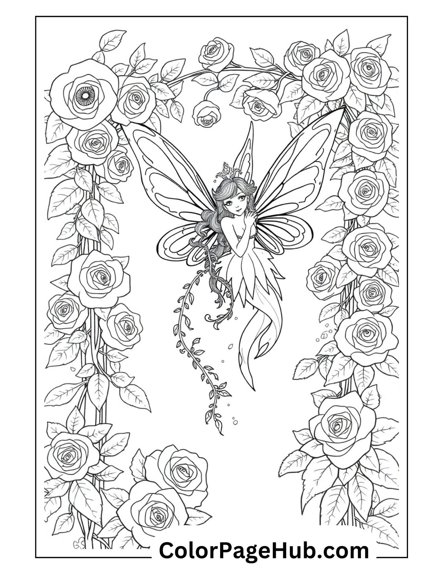 Elegant fairy with butterfly wings surrounded by rose garden frame - detailed fantasy fairy coloring page for adults who love enchanting art.