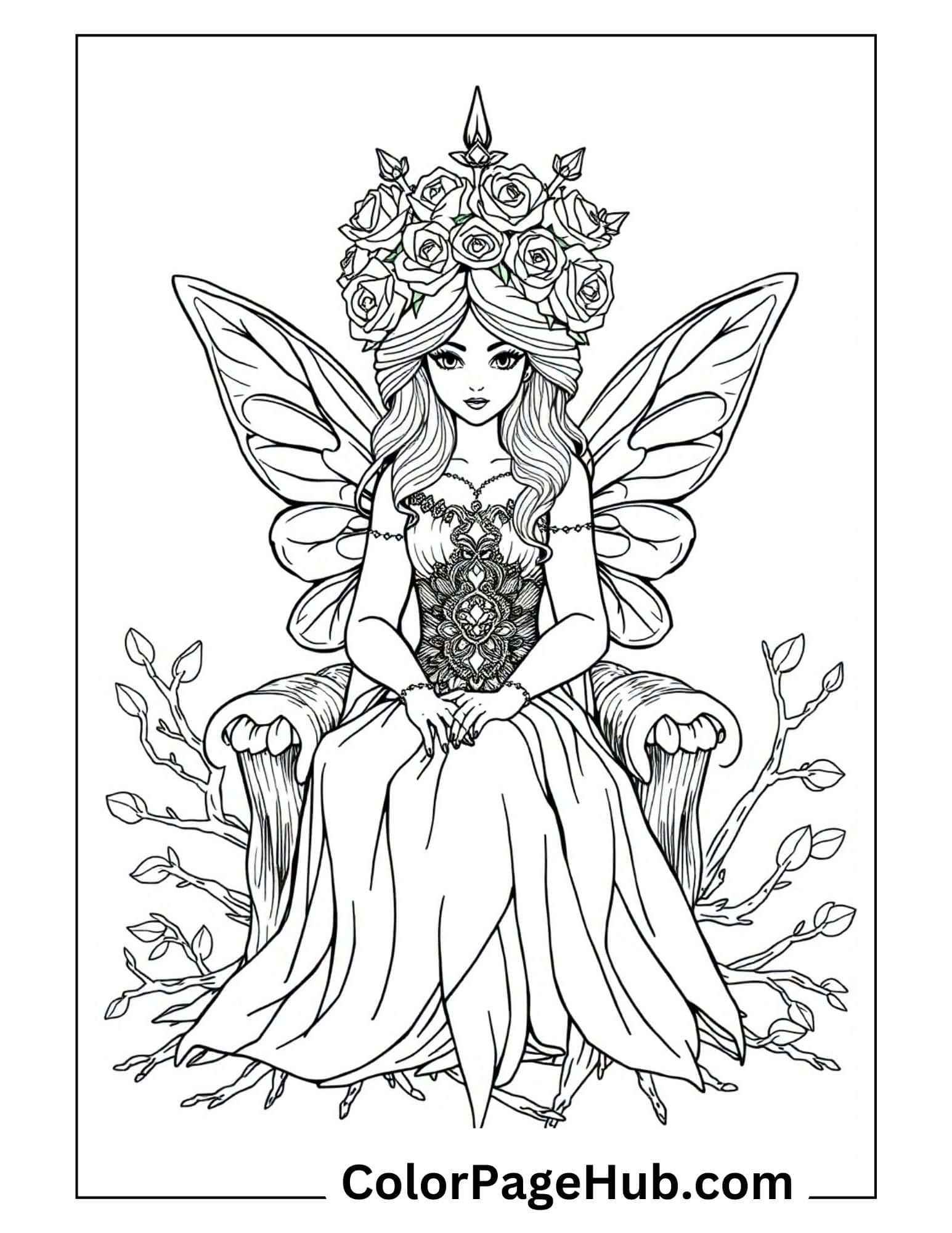 Queen fairy coloring page featuring elegant fairy with butterfly wings wearing rose crown, sitting on ornate throne surrounded by blooming branches.
