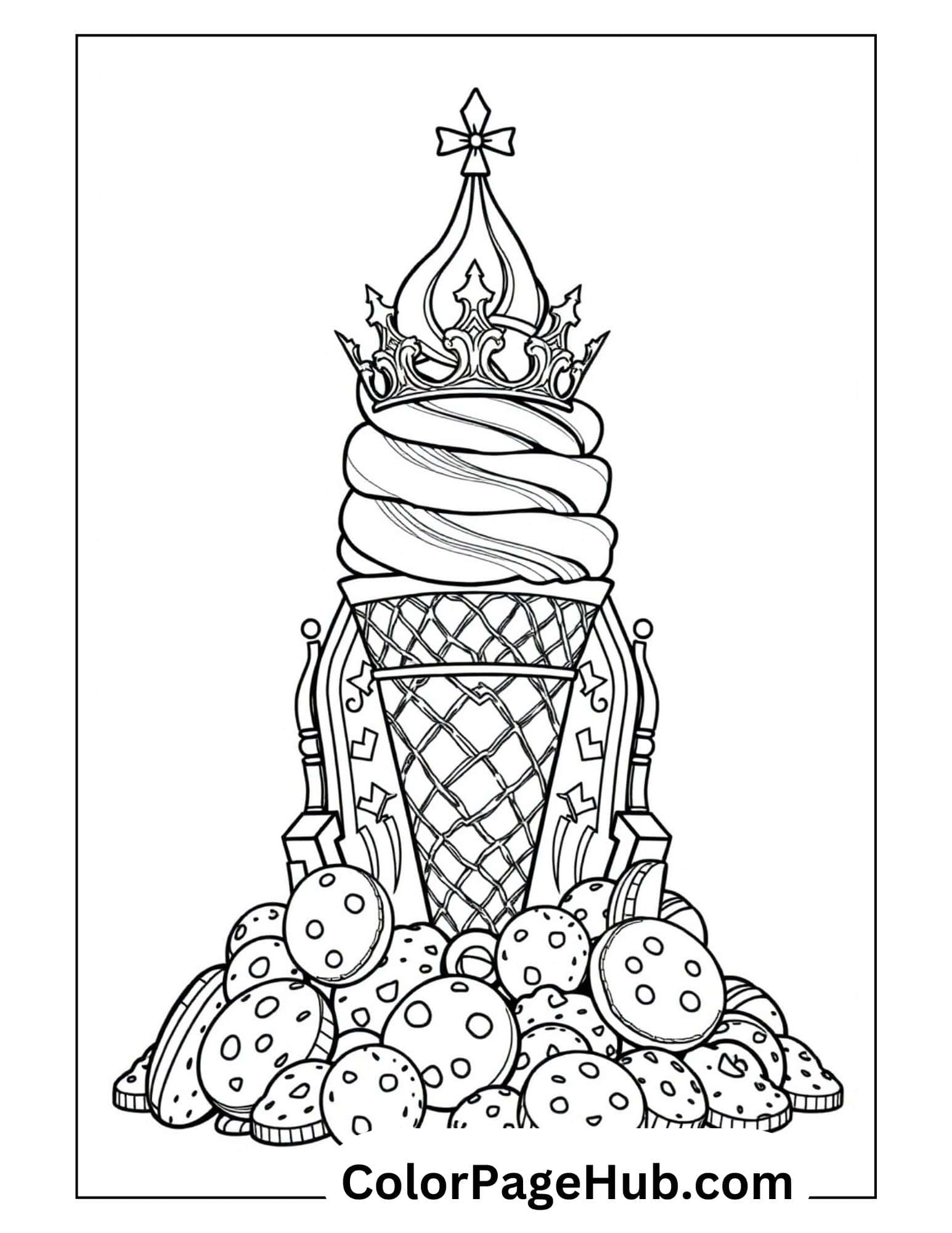 Royal Ice Cream Coloring Pages showcasing an elegant cone with crown topper and cookie base, perfect for kids who love fancy desserts