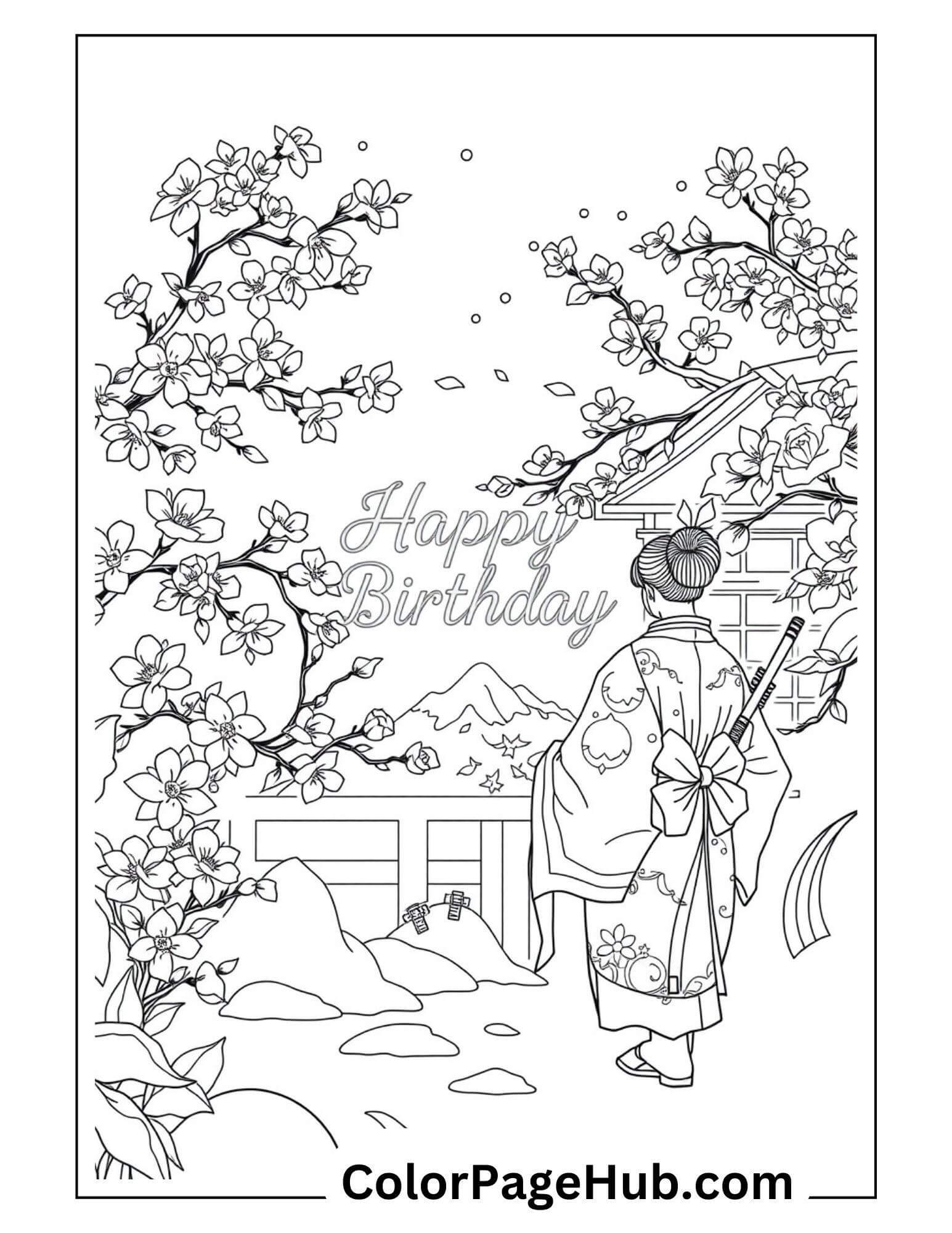 Serene Happy Birthday Coloring Page with a traditional figure admiring blossoming cherry trees under a tranquil moonlit sky