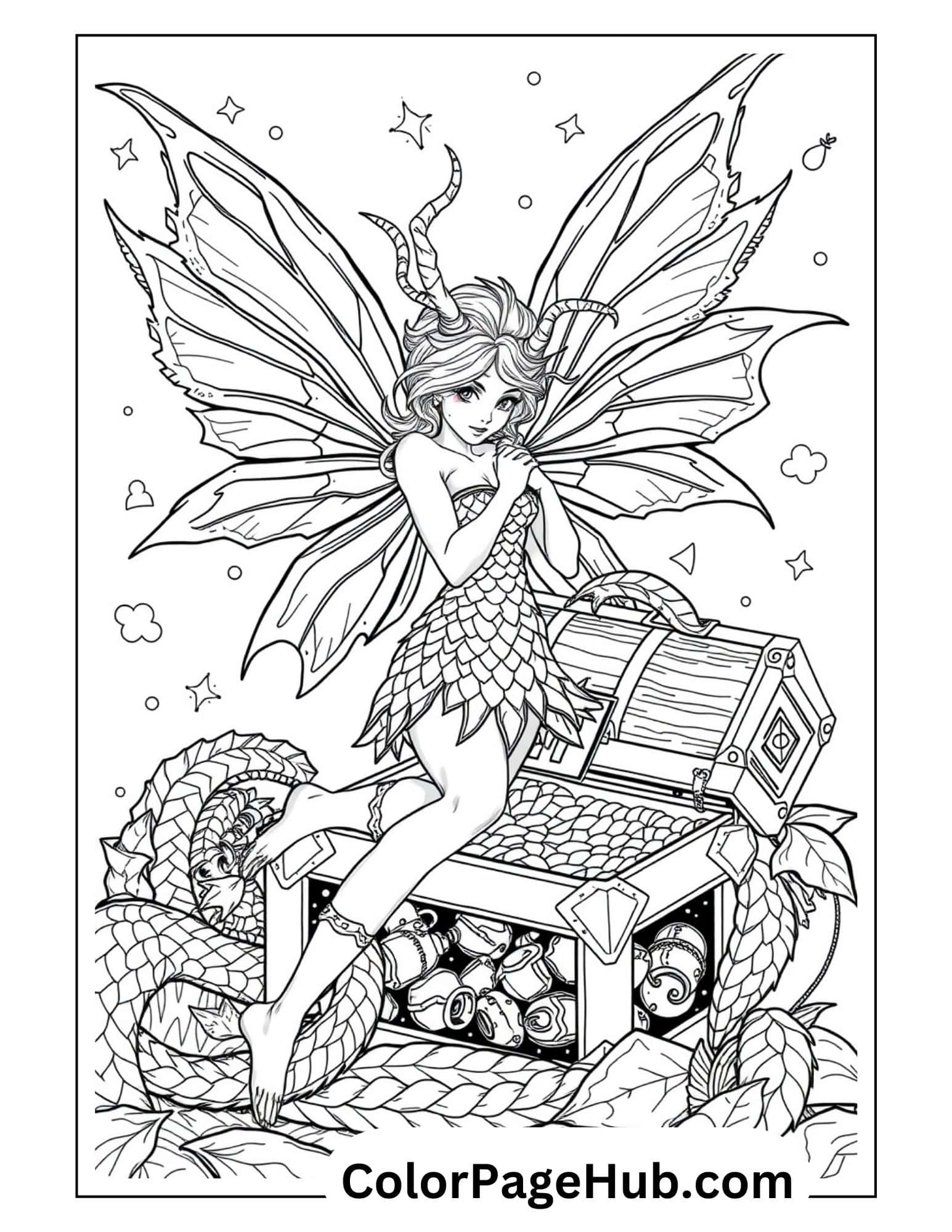 Fairy Coloring Page featuring a mystical fairy with intricate wings, exploring a treasure chest filled with magical items