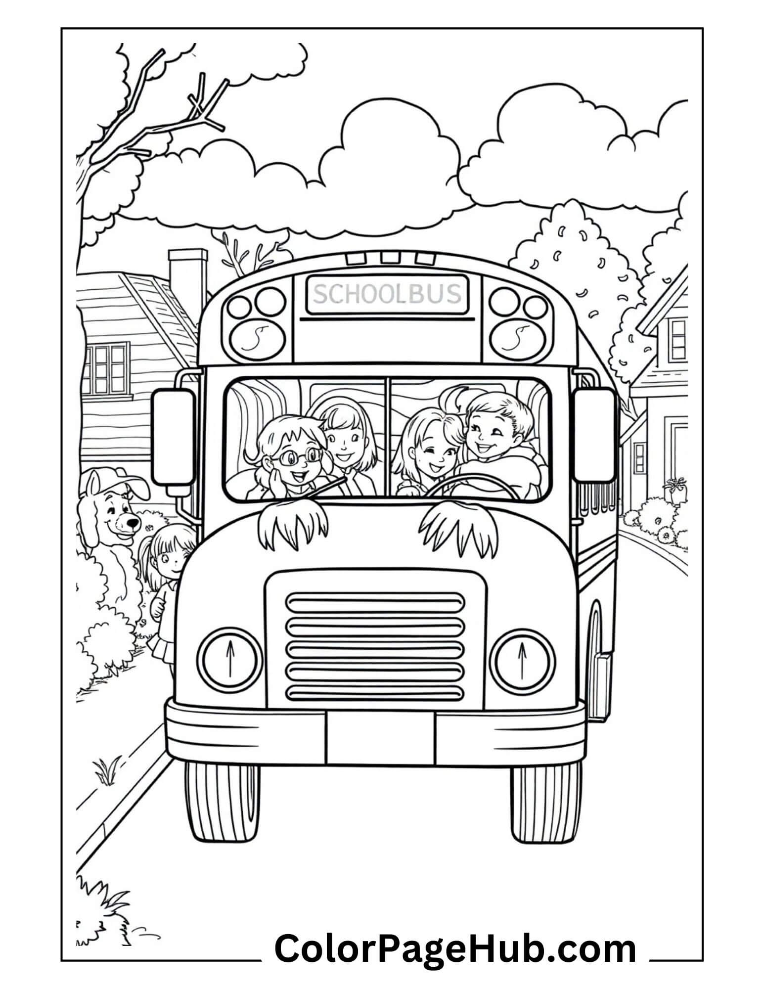 Cheerful school bus with happy children passengers in residential neighborhood - educational vehicles cars coloring page for elementary students