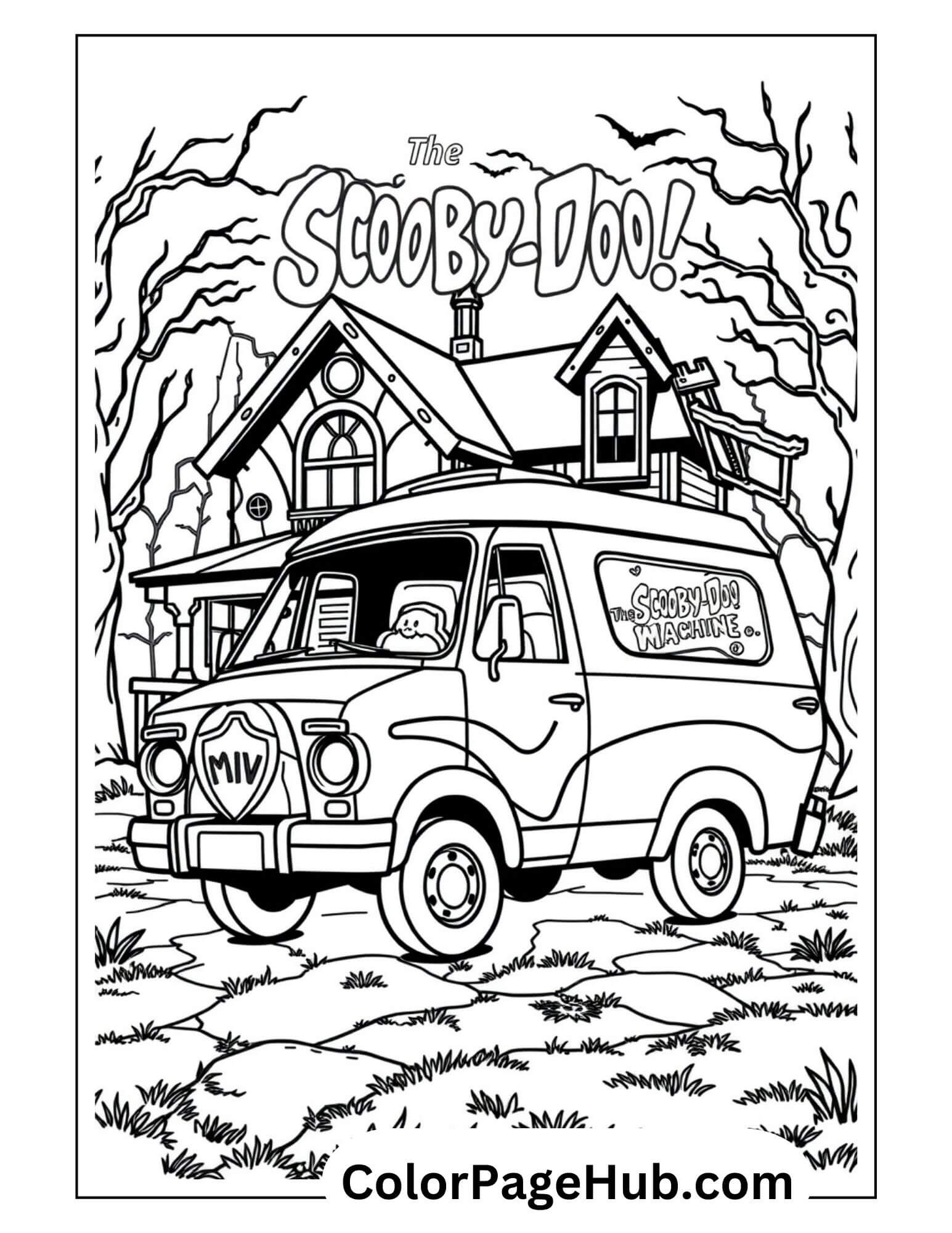 Cars Coloring Page featuring the iconic Scooby-Doo Mystery Machine van in front of a haunted house, perfect for kids' creative fun