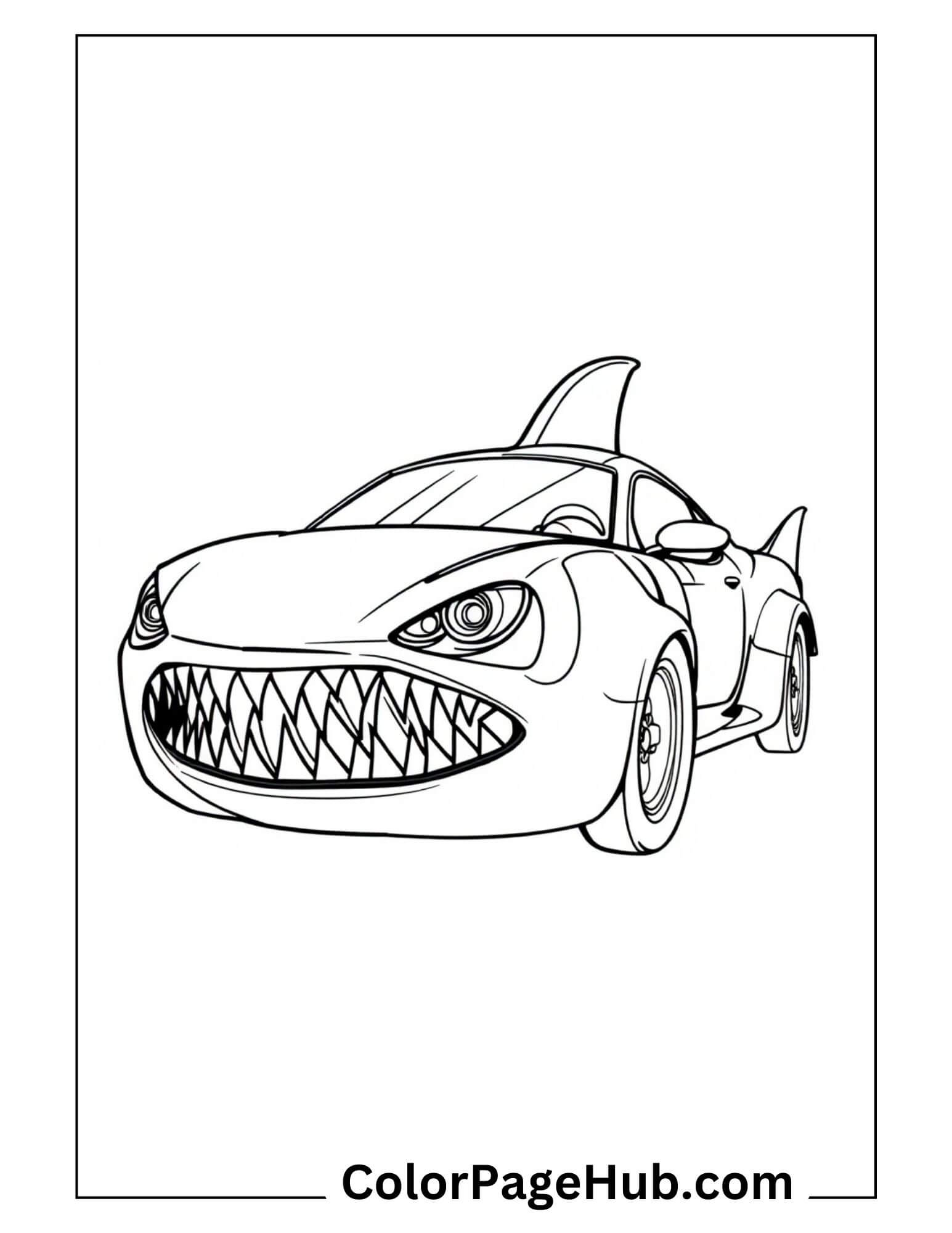 Shark-themed cartoon car with toothy grin and fins - fun Cars Coloring Page for kids who love creative vehicles
