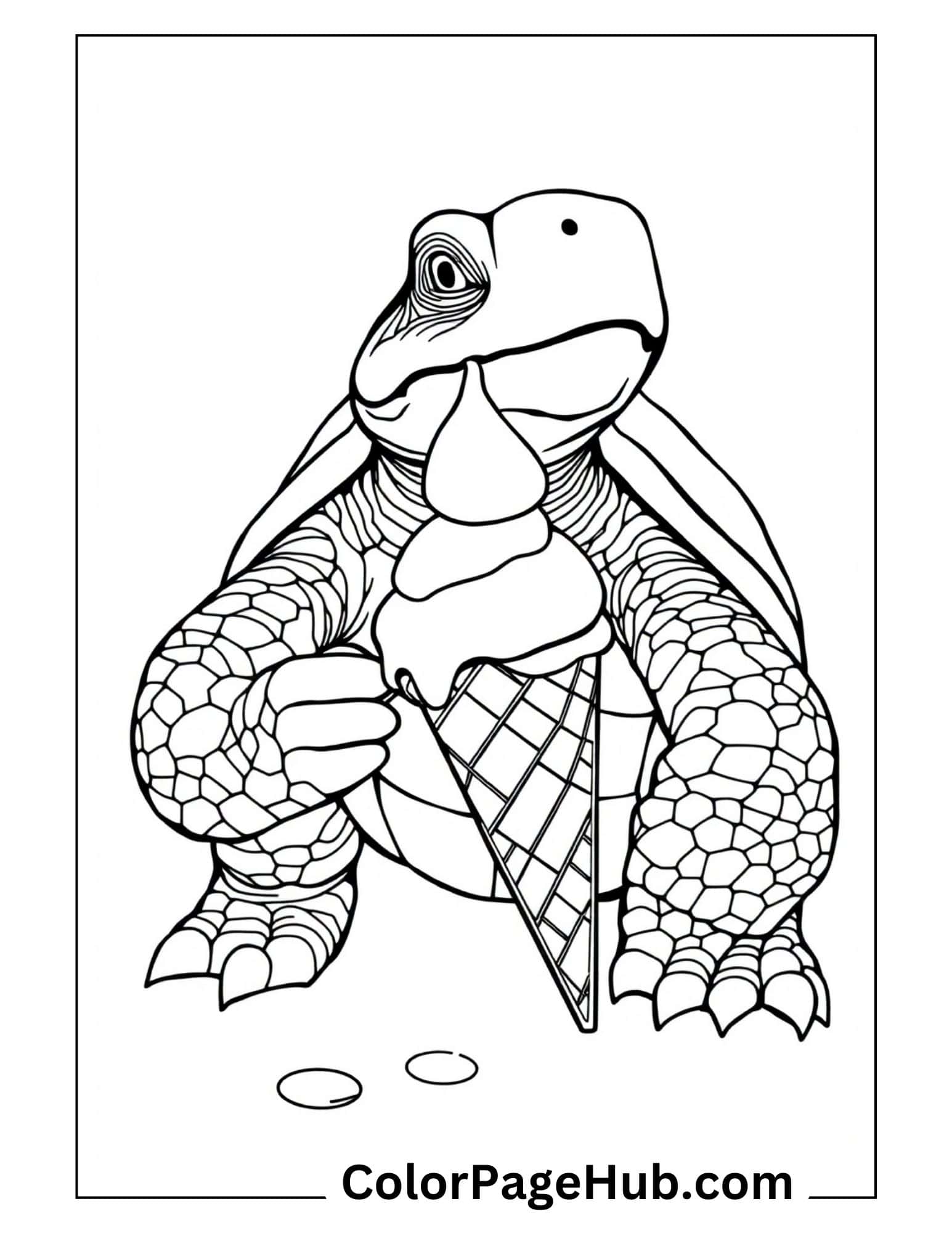 Turtle ice cream coloring page featuring slow-moving reptile with sweet treat, creating a fun contrast for children's coloring.