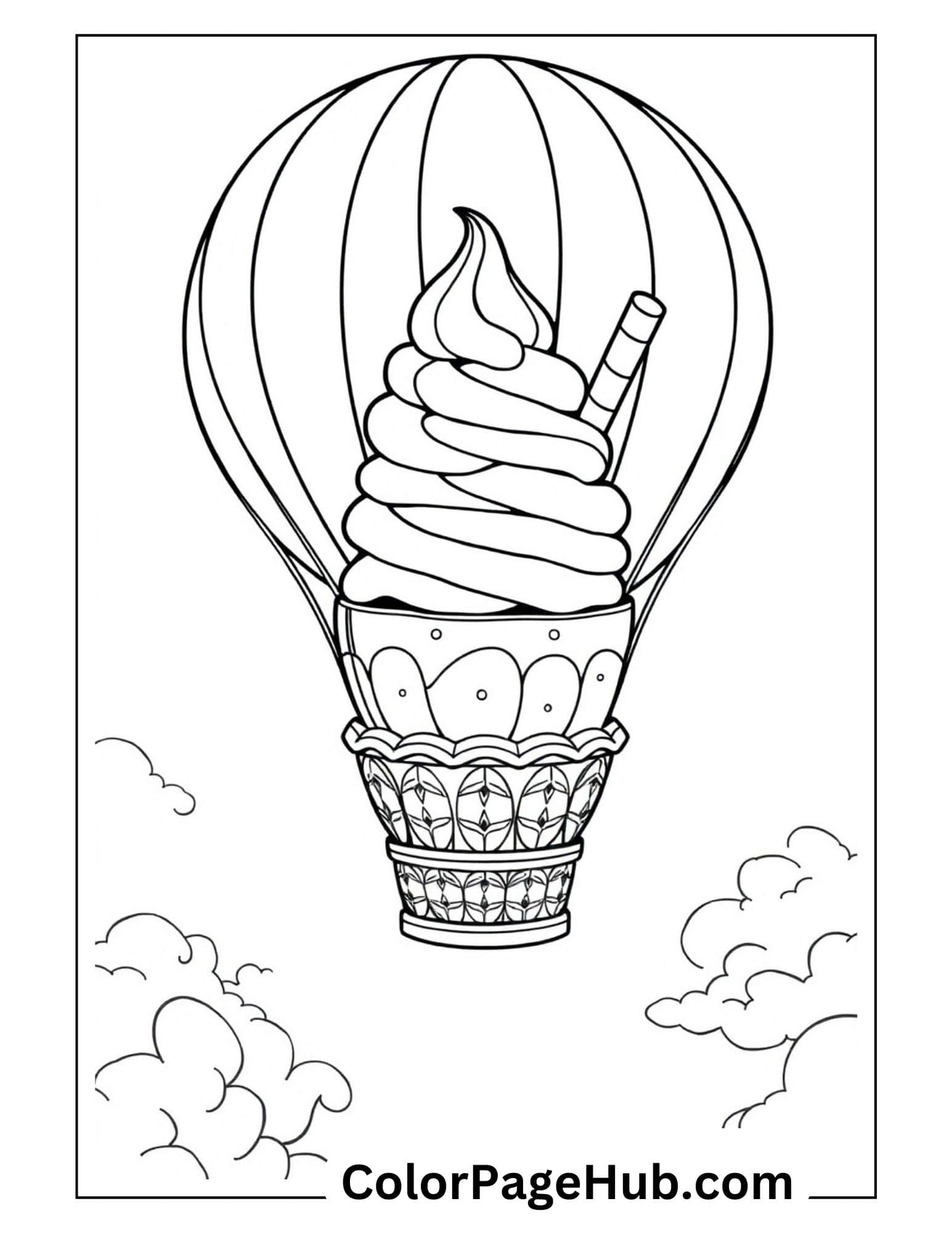 Whimsical ice cream coloring pages with soft serve topping in a hot air balloon floating among clouds, perfect for creative kids
