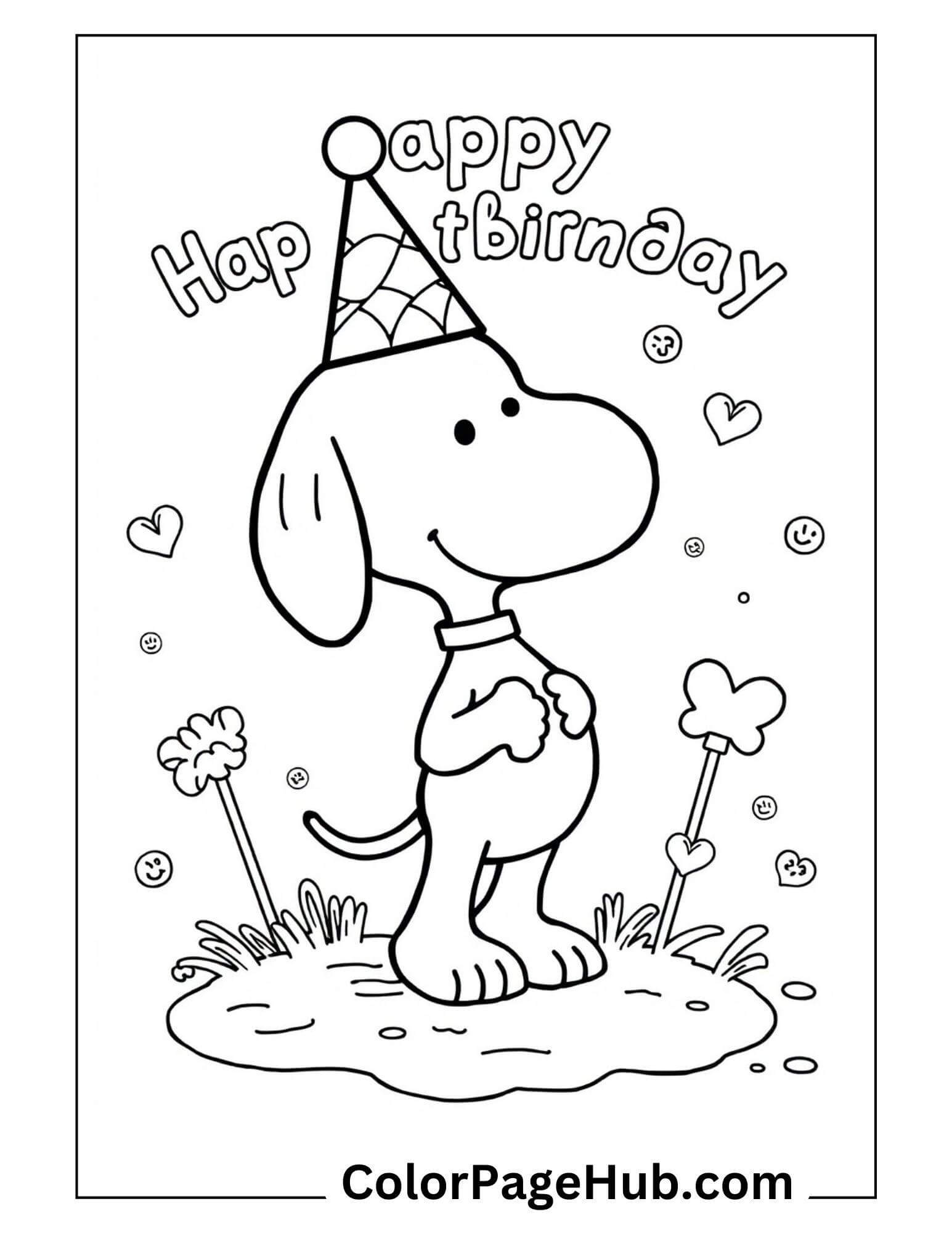 A cartoon dog wearing a party hat stands happily in a field with flowers and hearts, like those found in Happy Birthday coloring pages. The playful text reads Happy Birthday.