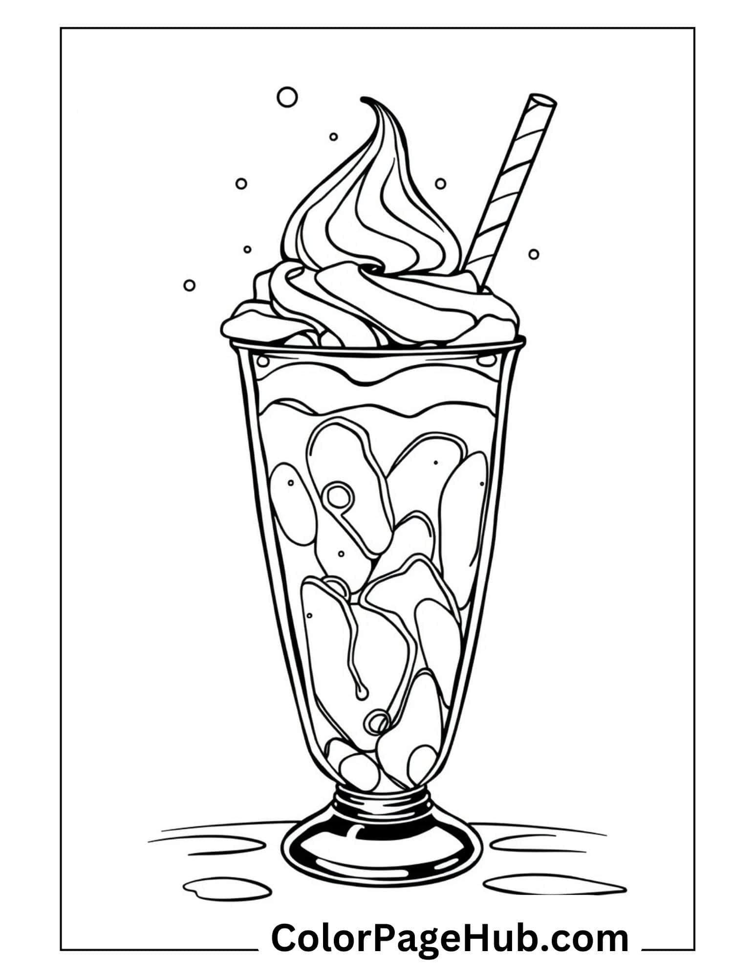 Deluxe milkshake ice cream coloring page featuring a tall parfait glass with whipped topping and straw, perfect for summer treat enthusiasts.