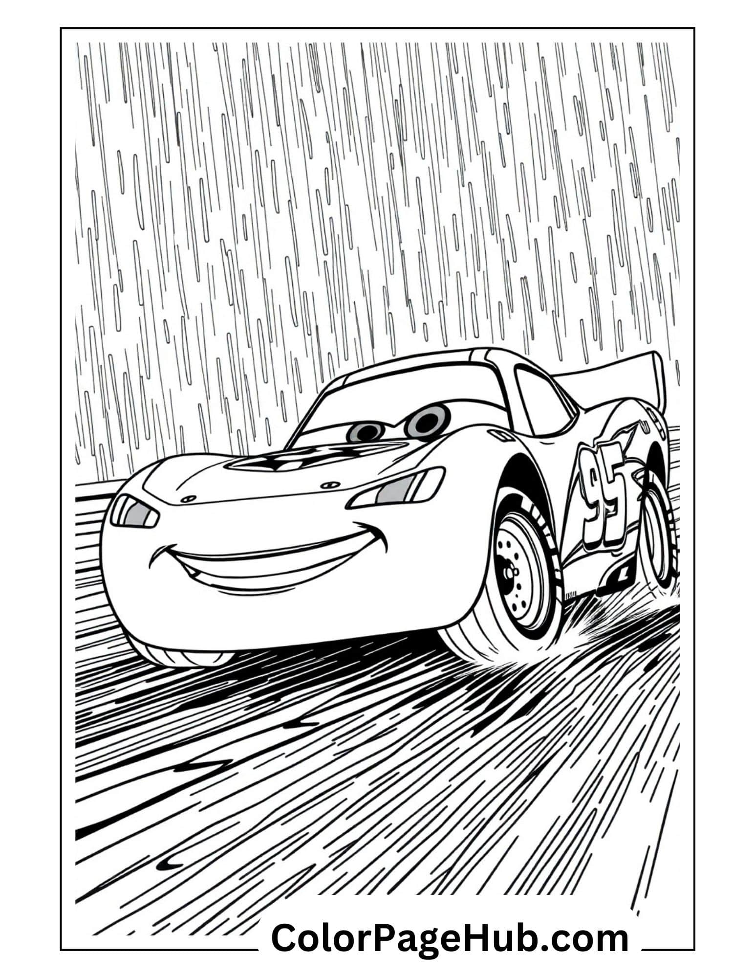 Lightning coloring pages featuring Cars' speedy hero racing through rain, with number 95 visible and a smiling face