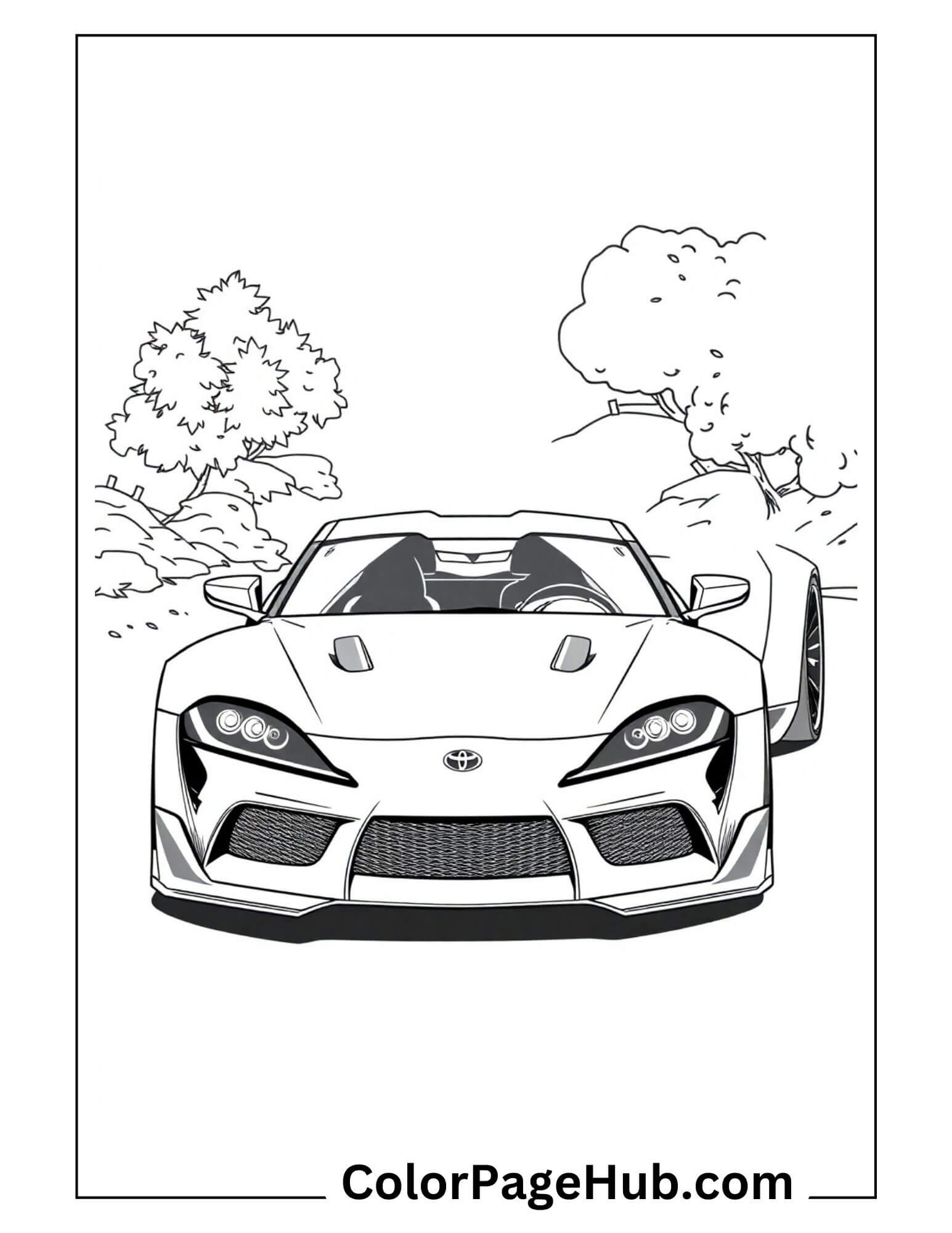 Front view of Toyota Supra sports car with detailed grille and headlights in natural setting - Japanese performance cars coloring page for enthusiasts.