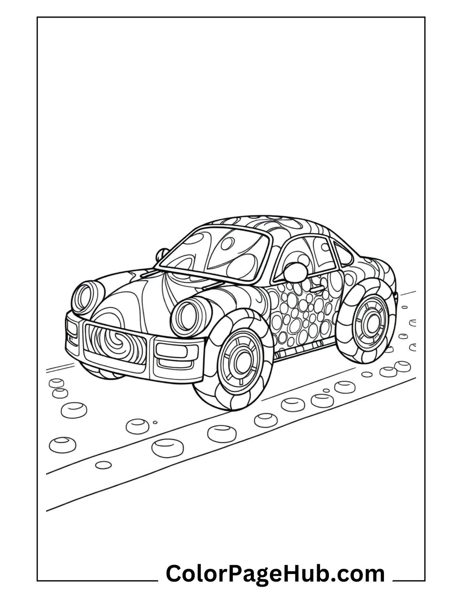 Whimsical VW Beetle with polka dot patterns on circular decorated road - artistic Cars Coloring Page for creative kids