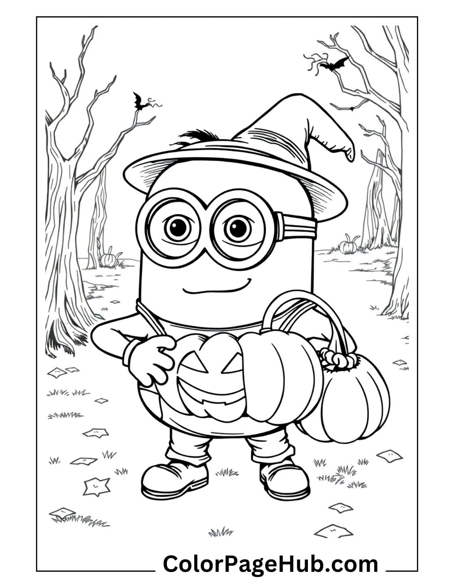 Halloween Minion coloring pages with witch-hatted character holding jack-o-lantern in spooky forest with bats - fun printable