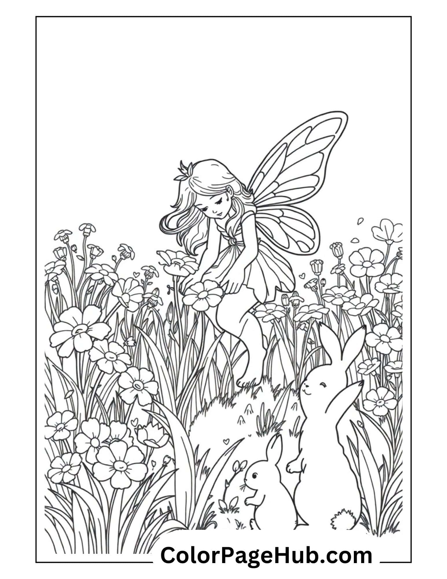 Garden fairy coloring page with winged fairy resting on a flowery vine swing, surrounded by blossoms and leaves in a magical floral arch