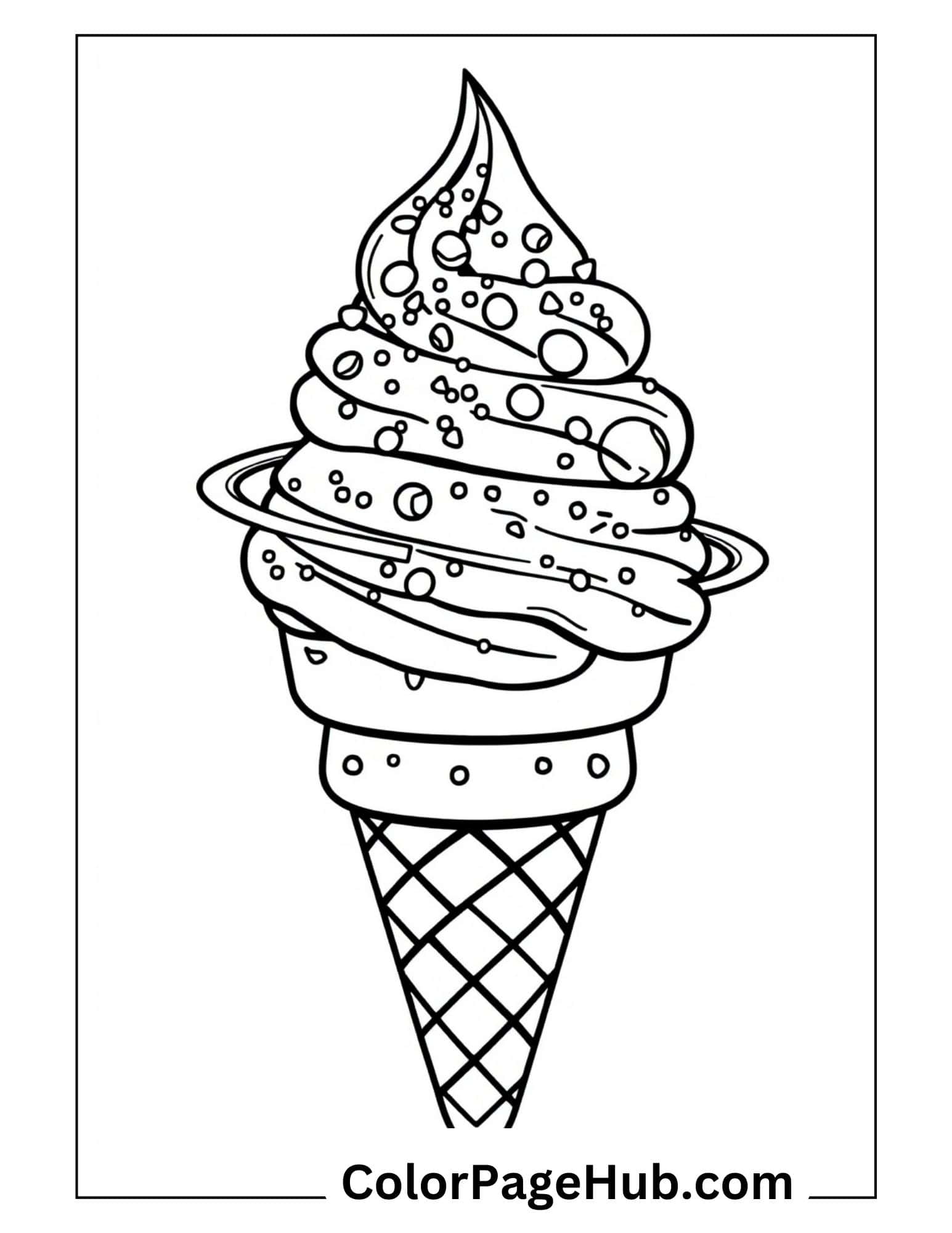 Cosmic ice cream coloring pages featuring a swirled soft serve with Saturn-like rings and sprinkles in a diamond-patterned waffle cone.