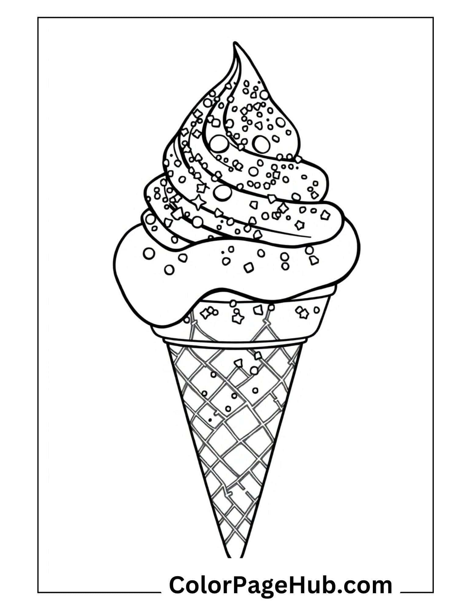 Sprinkle-topped ice cream coloring page with detailed texture on a simple waffle cone, ideal for sweet treat enthusiasts.