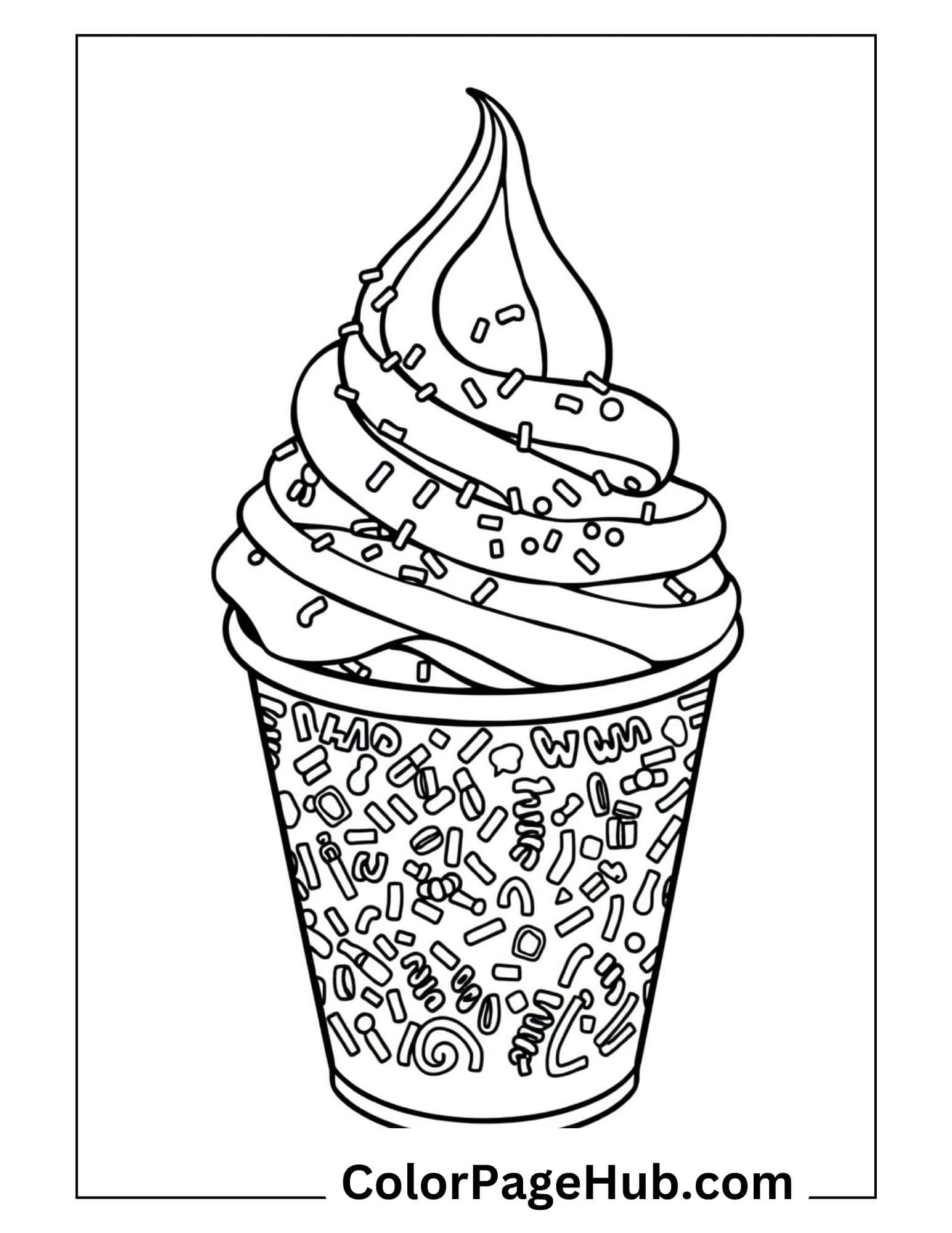 Soft serve ice cream coloring page with decorative cup filled with sprinkles and a perfectly swirled topping for dessert enthusiasts.