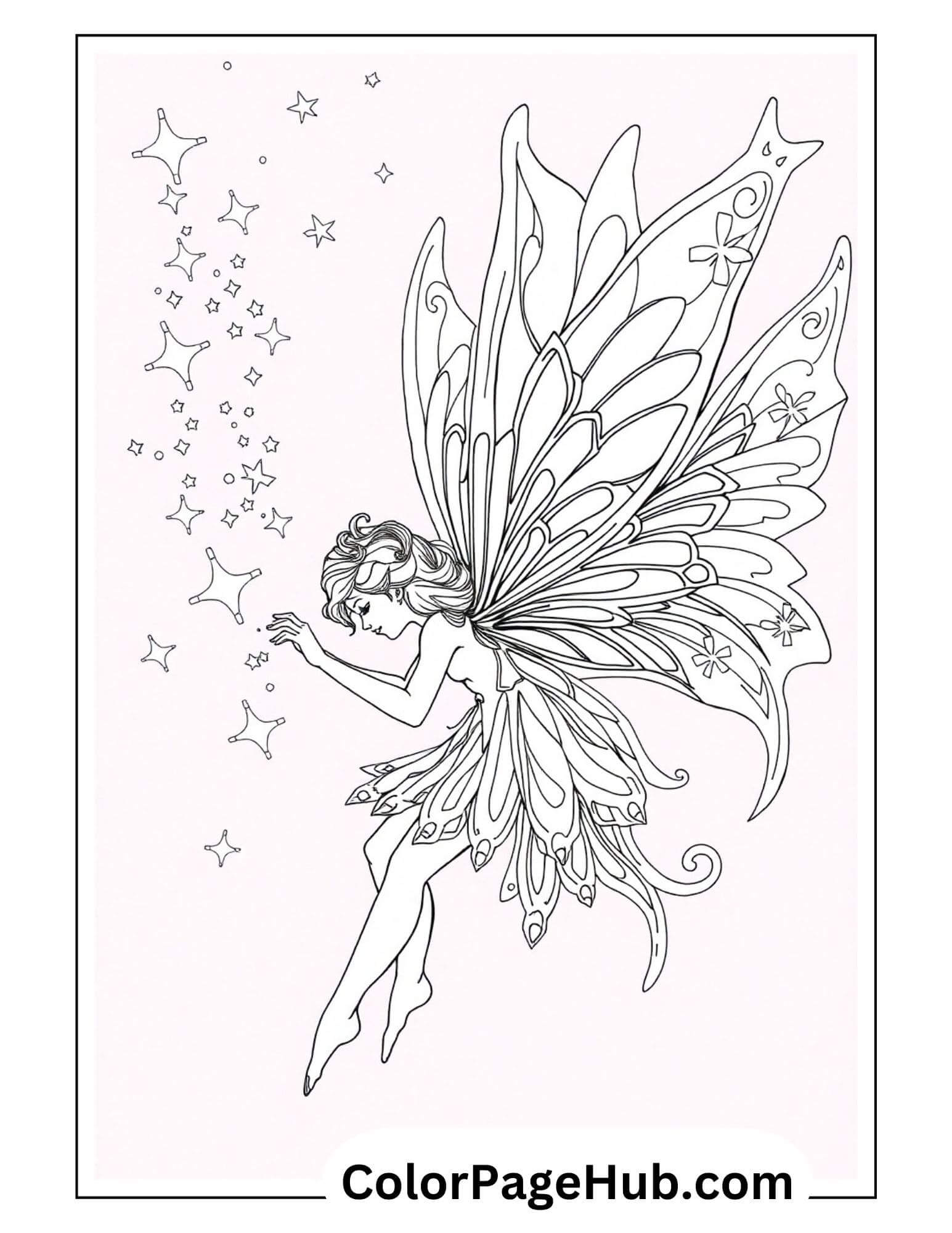 Starlight fairy coloring page with elegant fairy reaching for twinkling stars, featuring detailed butterfly wings and flowing dress in a magical night sky