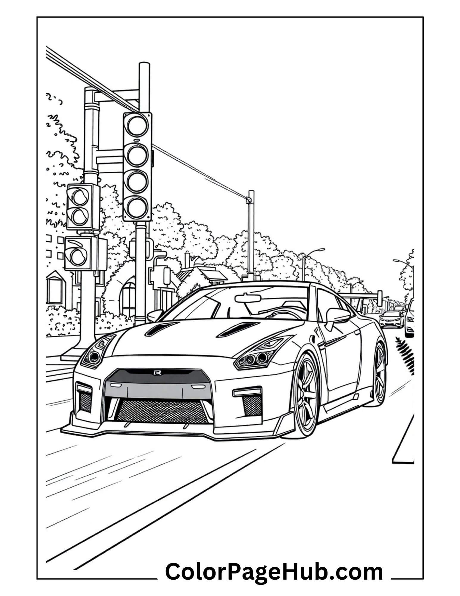 Nissan GT-R sports car at urban intersection with traffic lights - detailed Japanese performance cars coloring page for automotive enthusiasts