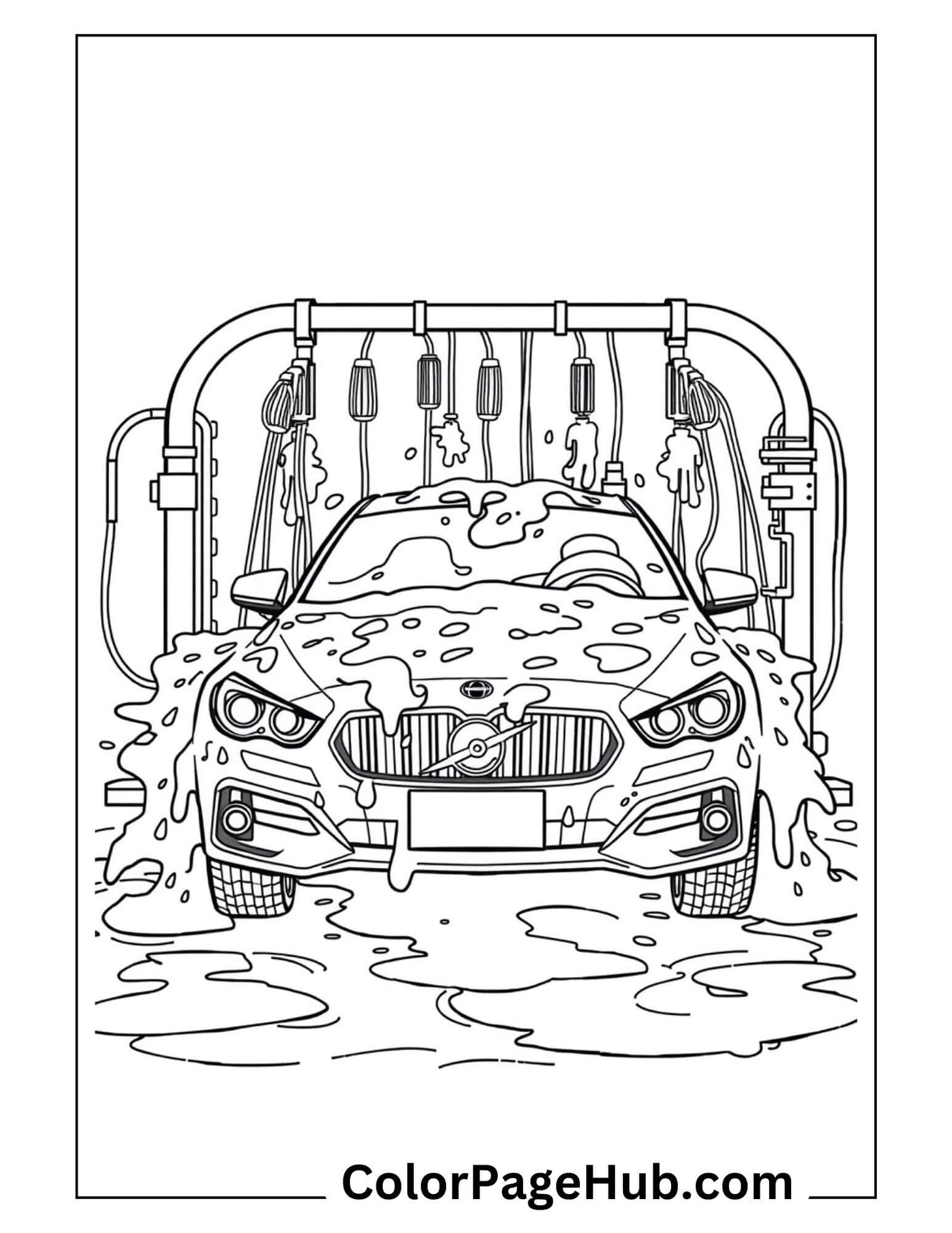 BMW sedan covered in soap at automatic car wash with sprayers and brushes - detailed Cars Coloring Page for children