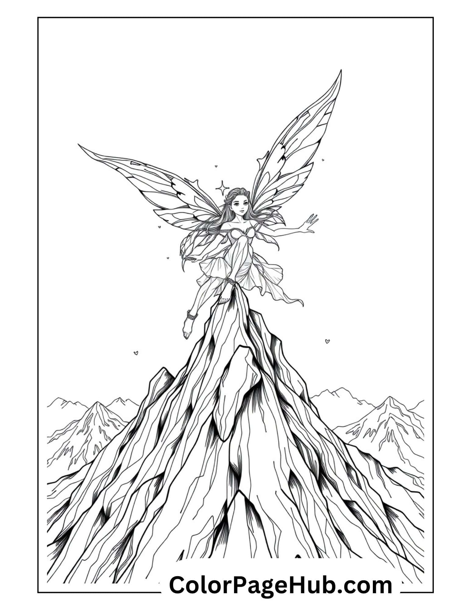 Fairy Coloring Page of a magical fairy with large wings standing on a mountain peak surrounded by distant snowy mountains