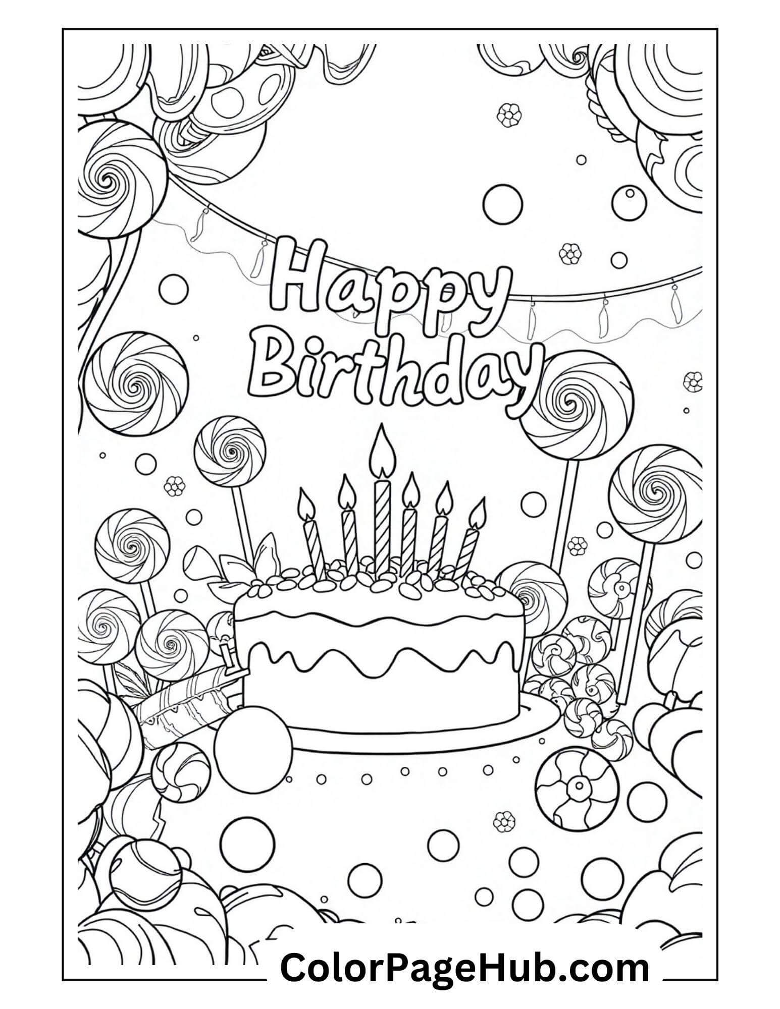 Celebrate with our delightful Happy Birthday coloring page, featuring cheerful Happy Birthday text, a cake adorned with nine candles, vibrant lollipops, and festive balloons. Above it all, decorative bunting adds an extra touch of joy to this special scene!.