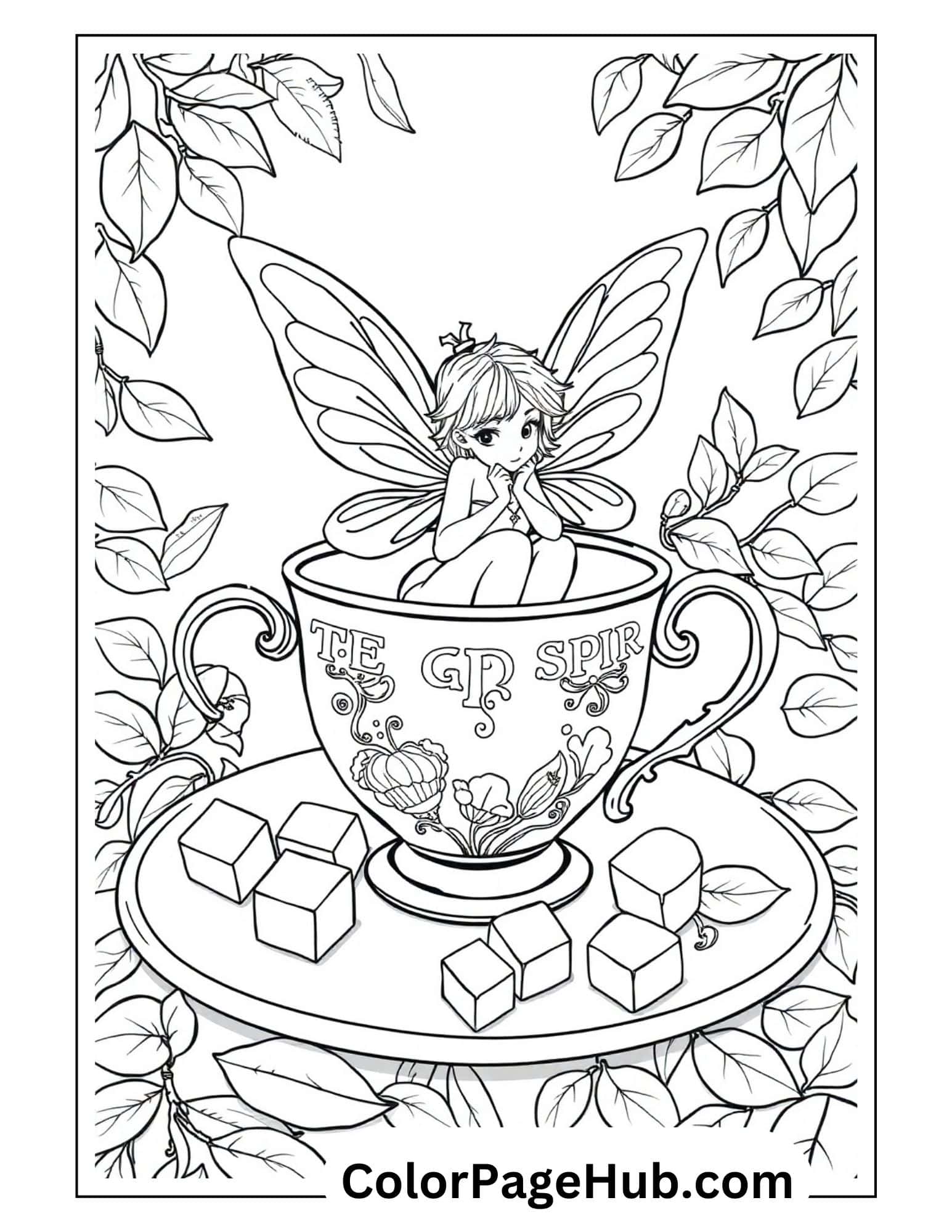 Teacup fairy coloring page with tiny fairy resting inside decorative teacup, surrounded by sugar cubes and leafy vines in a charming tea party scene