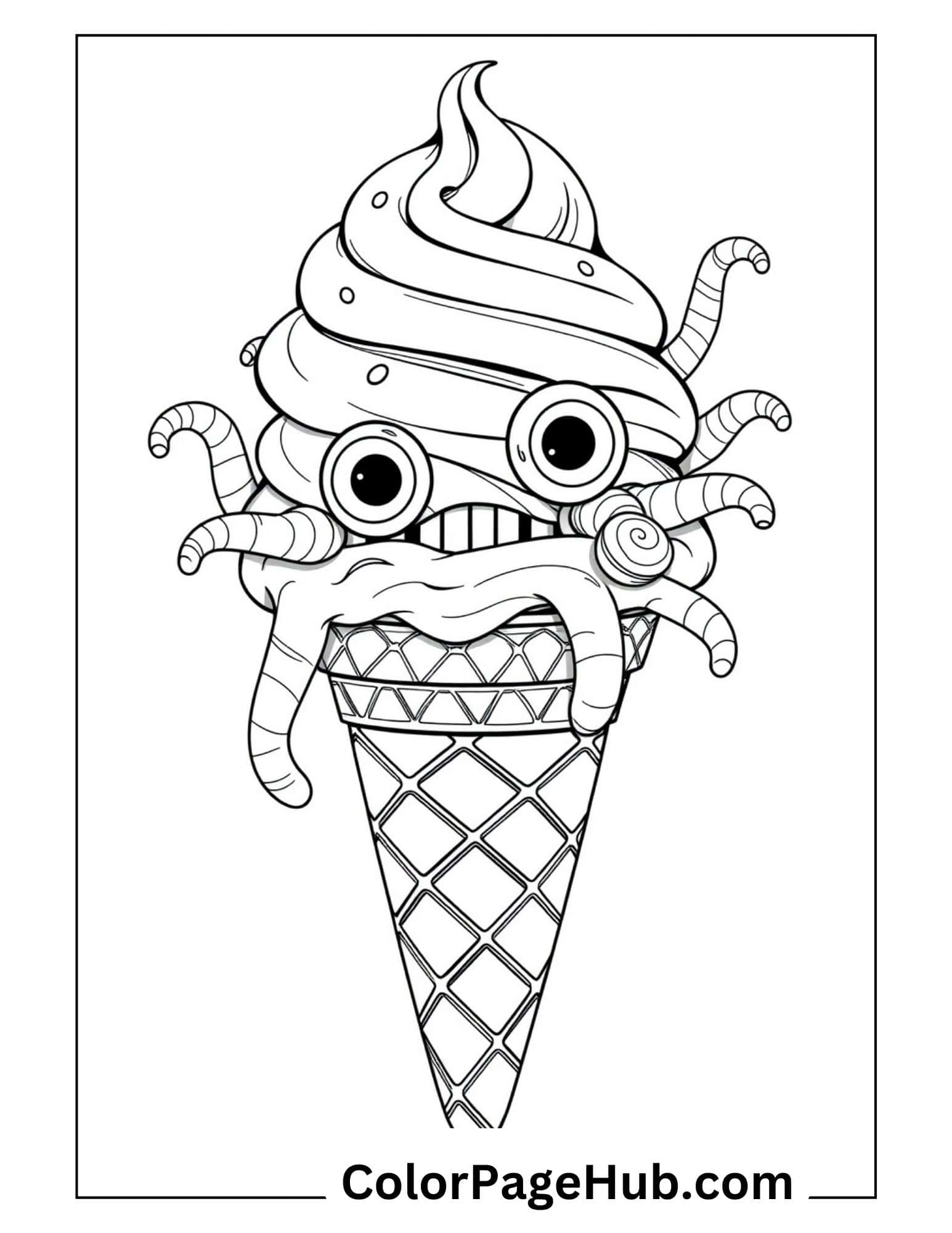 Monster ice cream coloring page featuring a cone with tentacles, googly eyes and toothy grin, blending fantasy fun with sweet treats.
