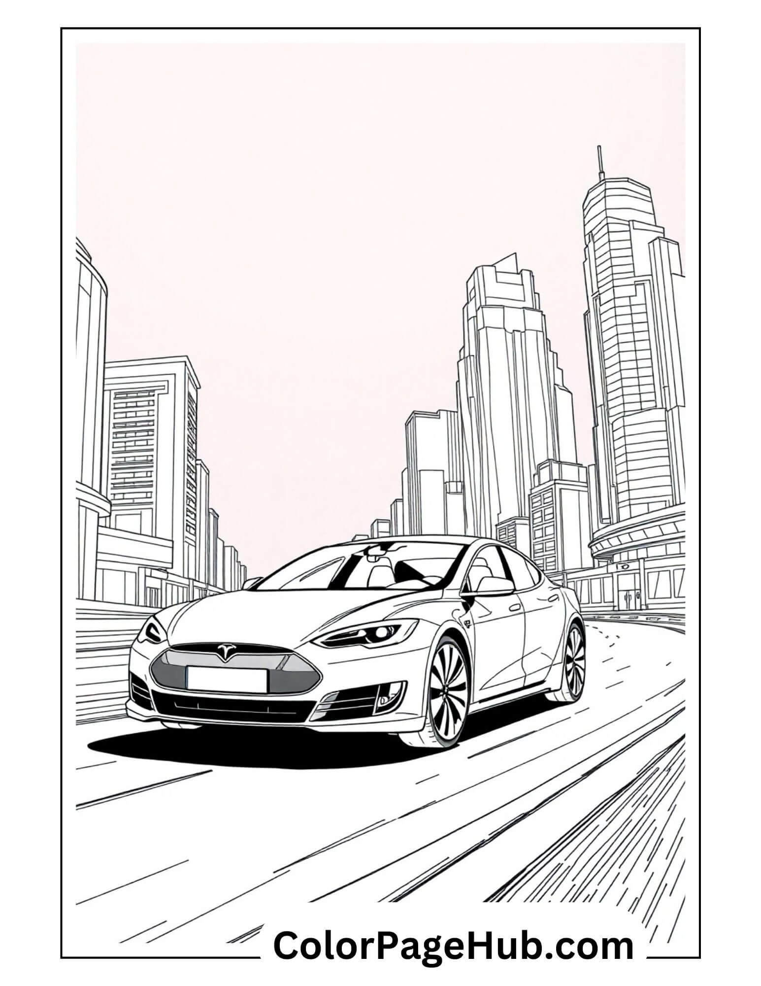Tesla Model S electric sedan speeding through modern cityscape with skyscrapers - futuristic electric cars coloring page for tech enthusiasts