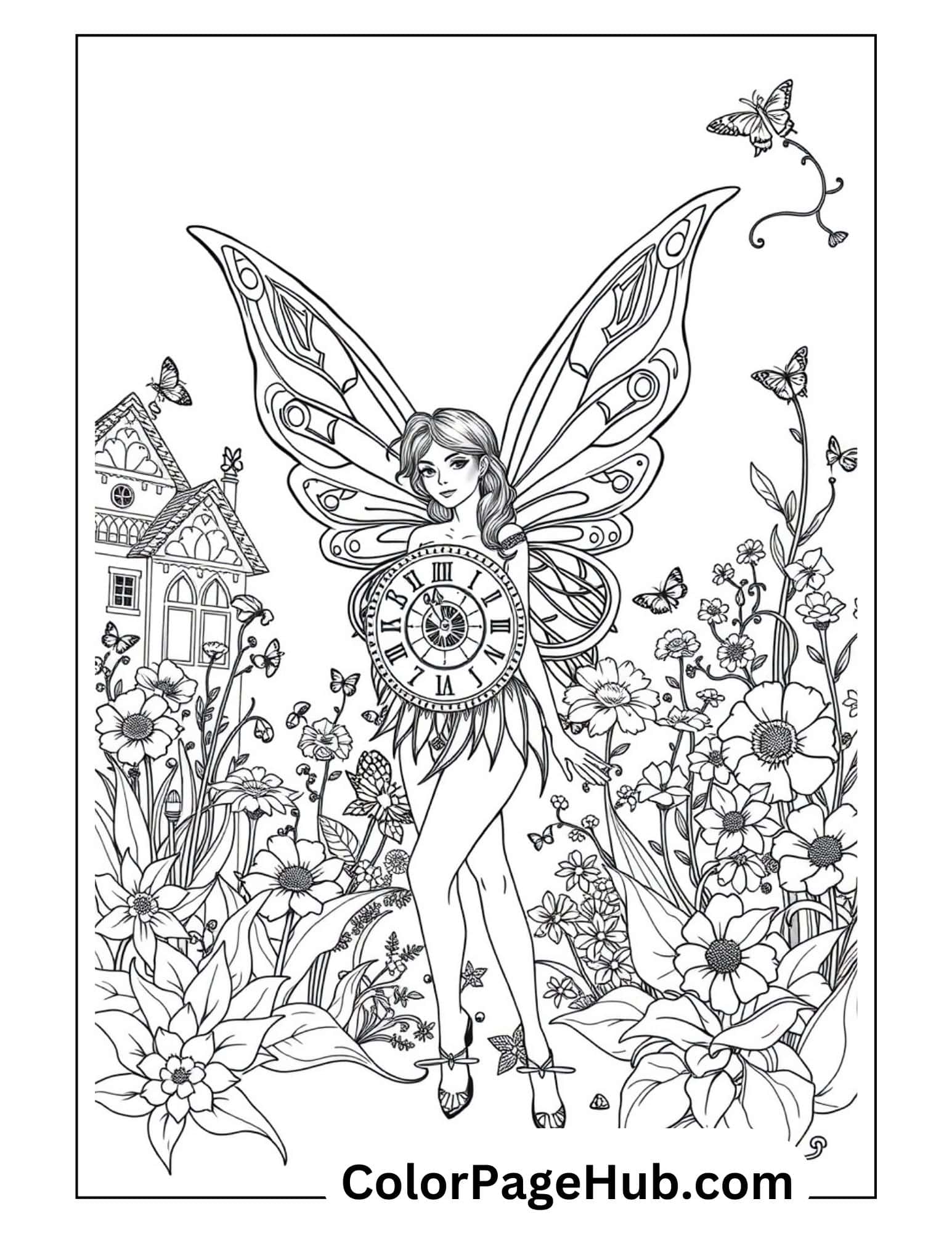 Fairy Coloring Page showcasing a enchanting fairy with intricate wings, surrounded by flowers and butterflies in a whimsical garden