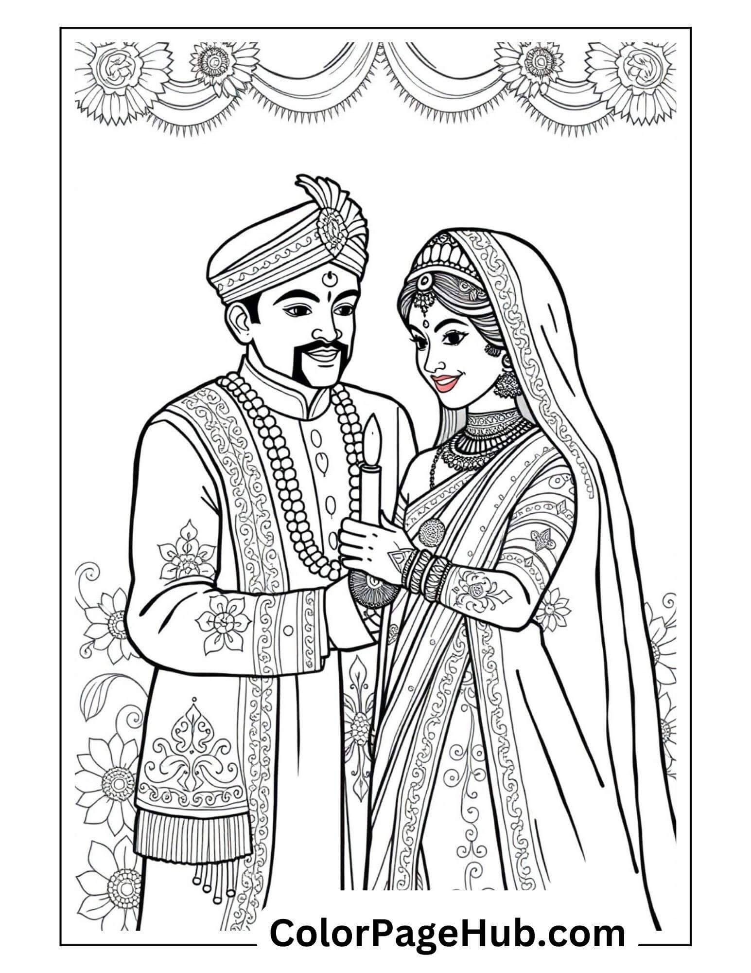 Traditional Happy Birthday Coloring Page featuring a couple in festive attire, perfect for celebrating cultural and joyful occasions.