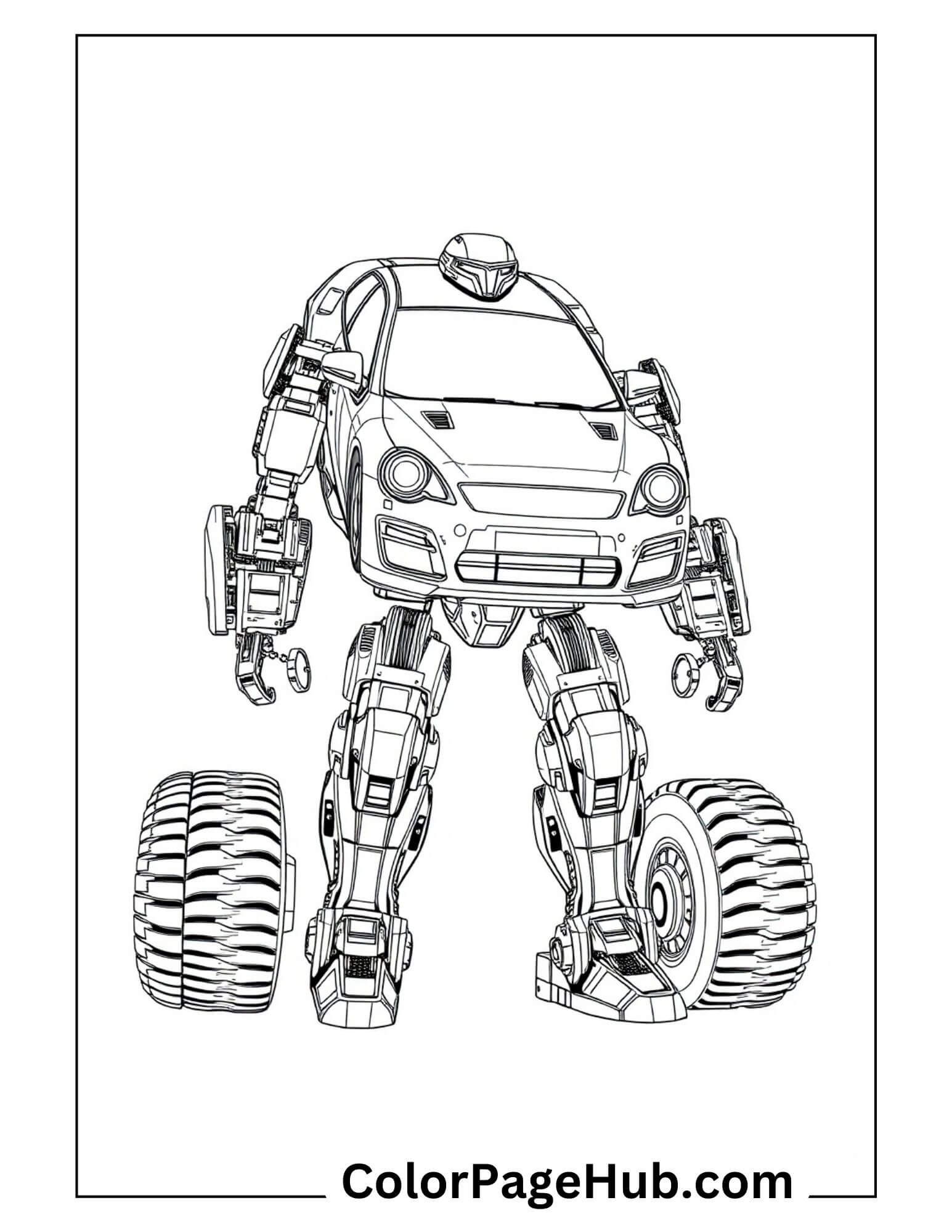 Robot car transformer with oversized monster truck wheels - sci-fi Cars Coloring Page for kids who love action figures