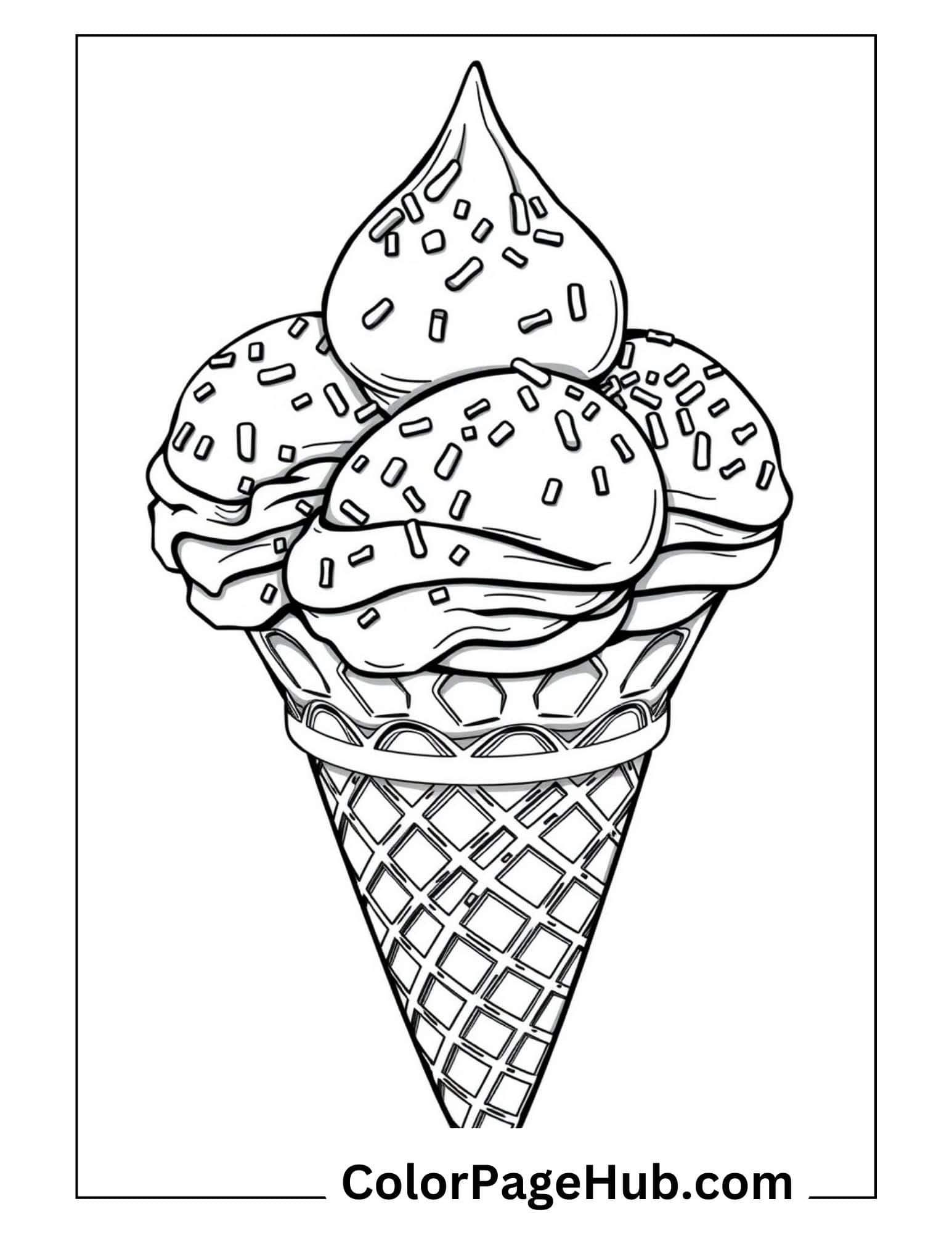 Triple scoop ice cream coloring page with detailed waffle cone and colorful sprinkles, perfect for preschool and elementary artists.