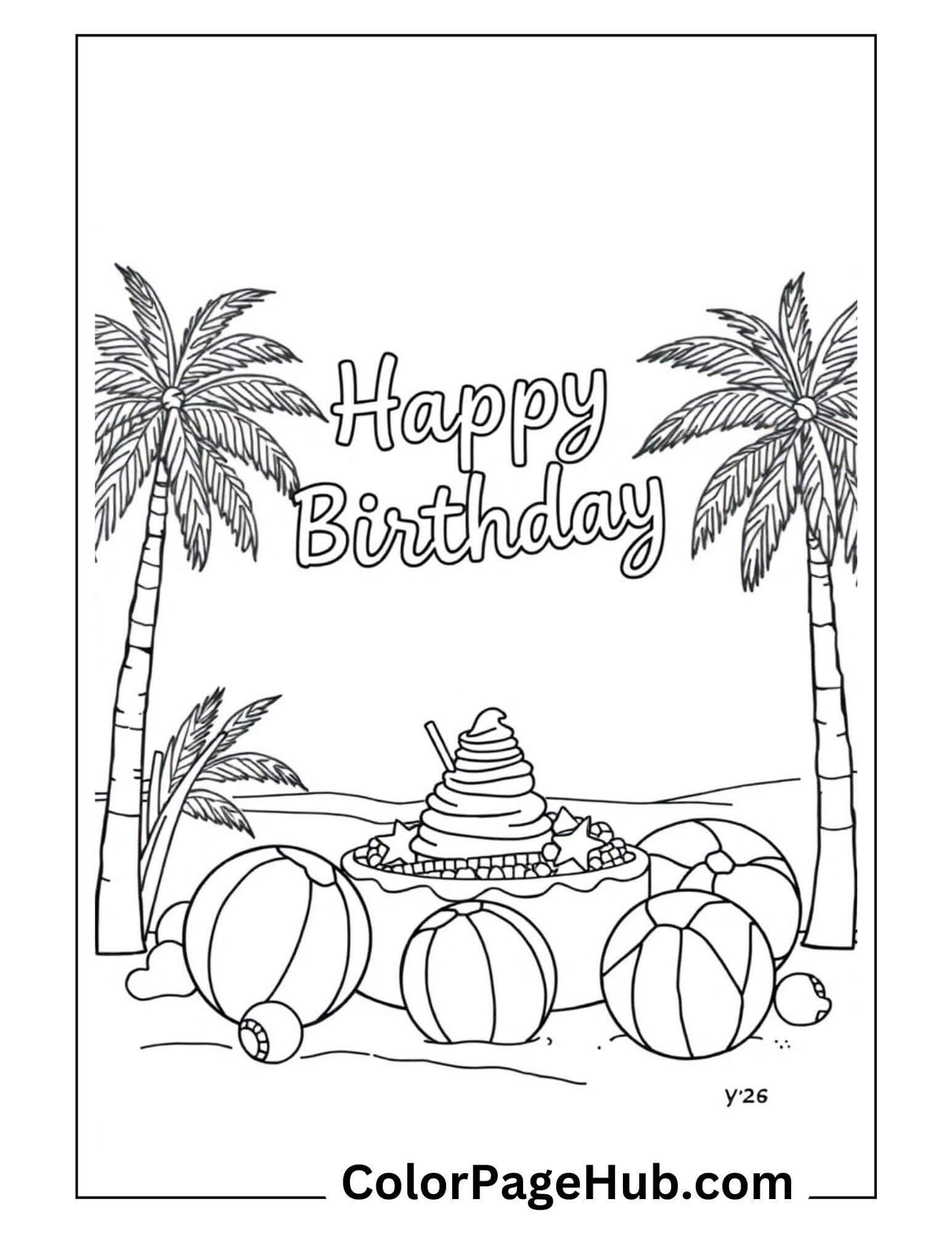 This Happy Birthday Coloring Page features a cheerful message at the center, surrounded by two tall palm trees, a playful sandcastle, and several lively beach balls